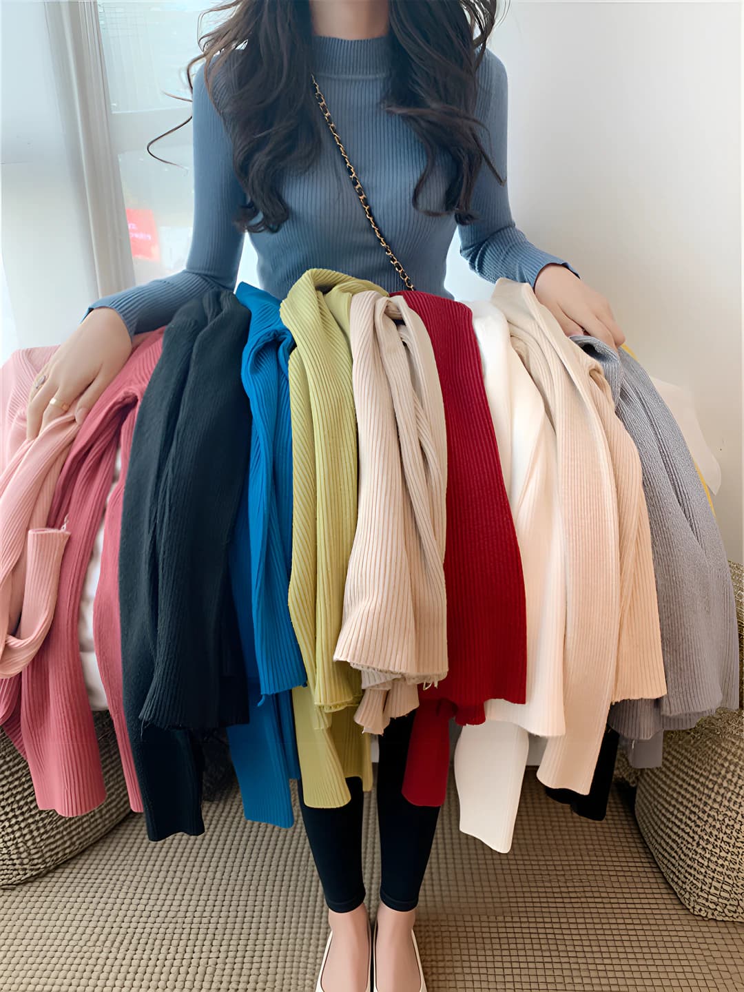 Women's solid colour mock neck long sleeve ribbed knit pullover sweater, slim fit, autumn 2026
