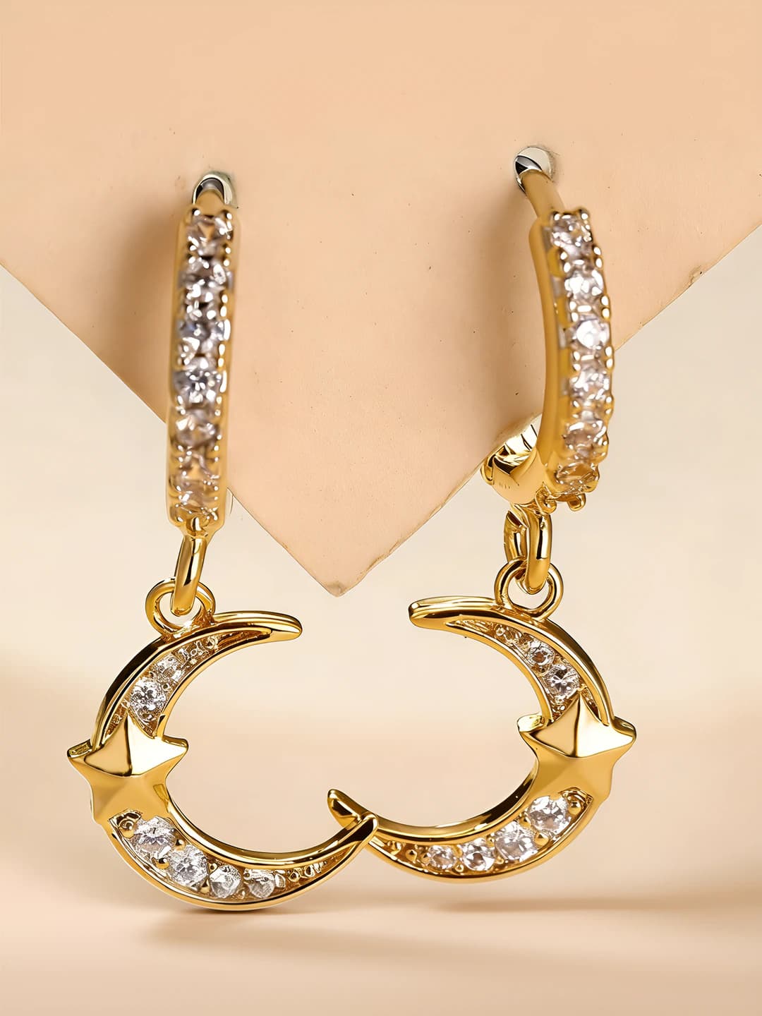 Women's gold-plated brass zircon moon and star shape earrings in sweet cool style
