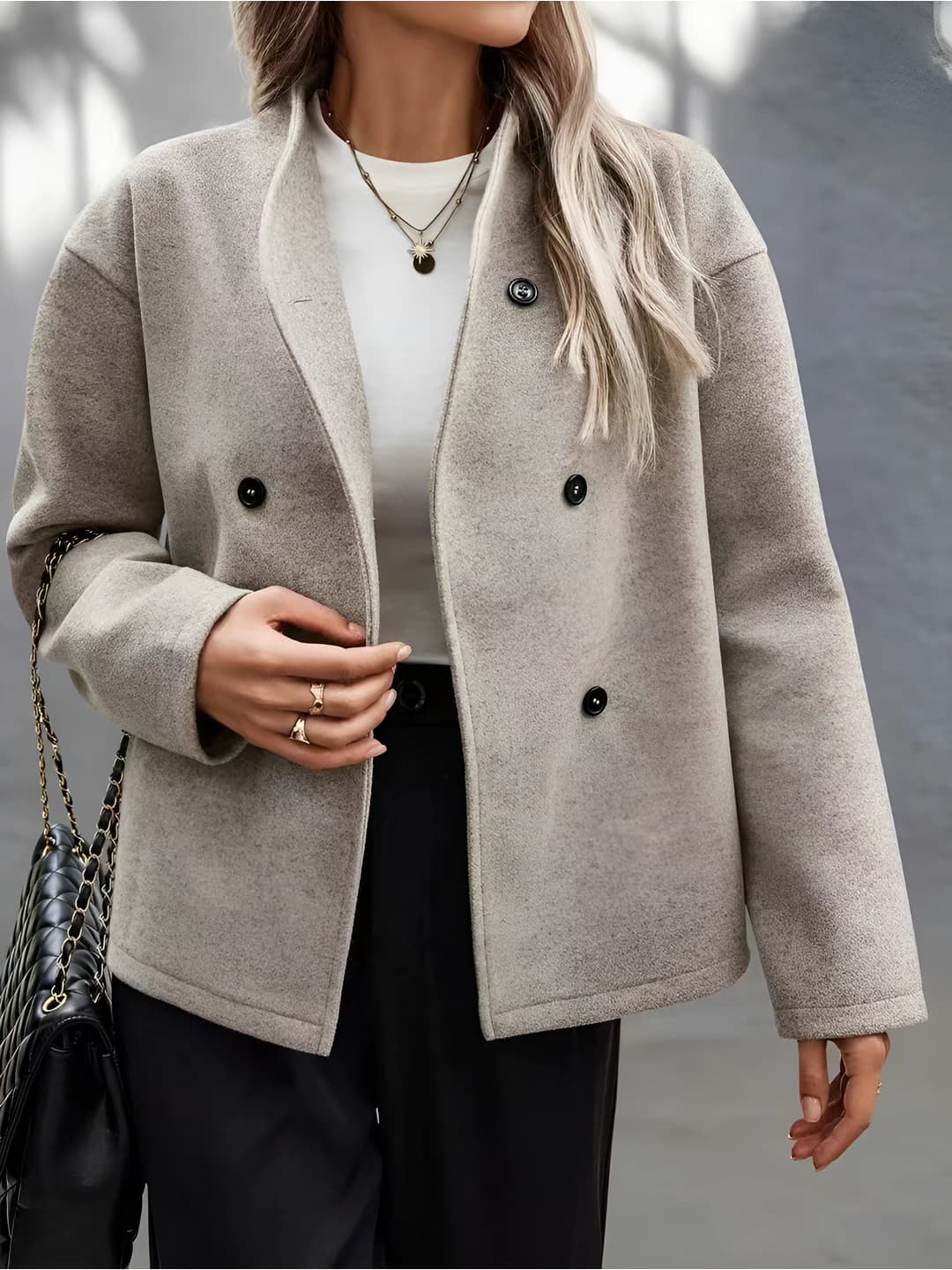 Women's double-breasted solid colour polyester coat, lapel collar, long sleeve, casual style