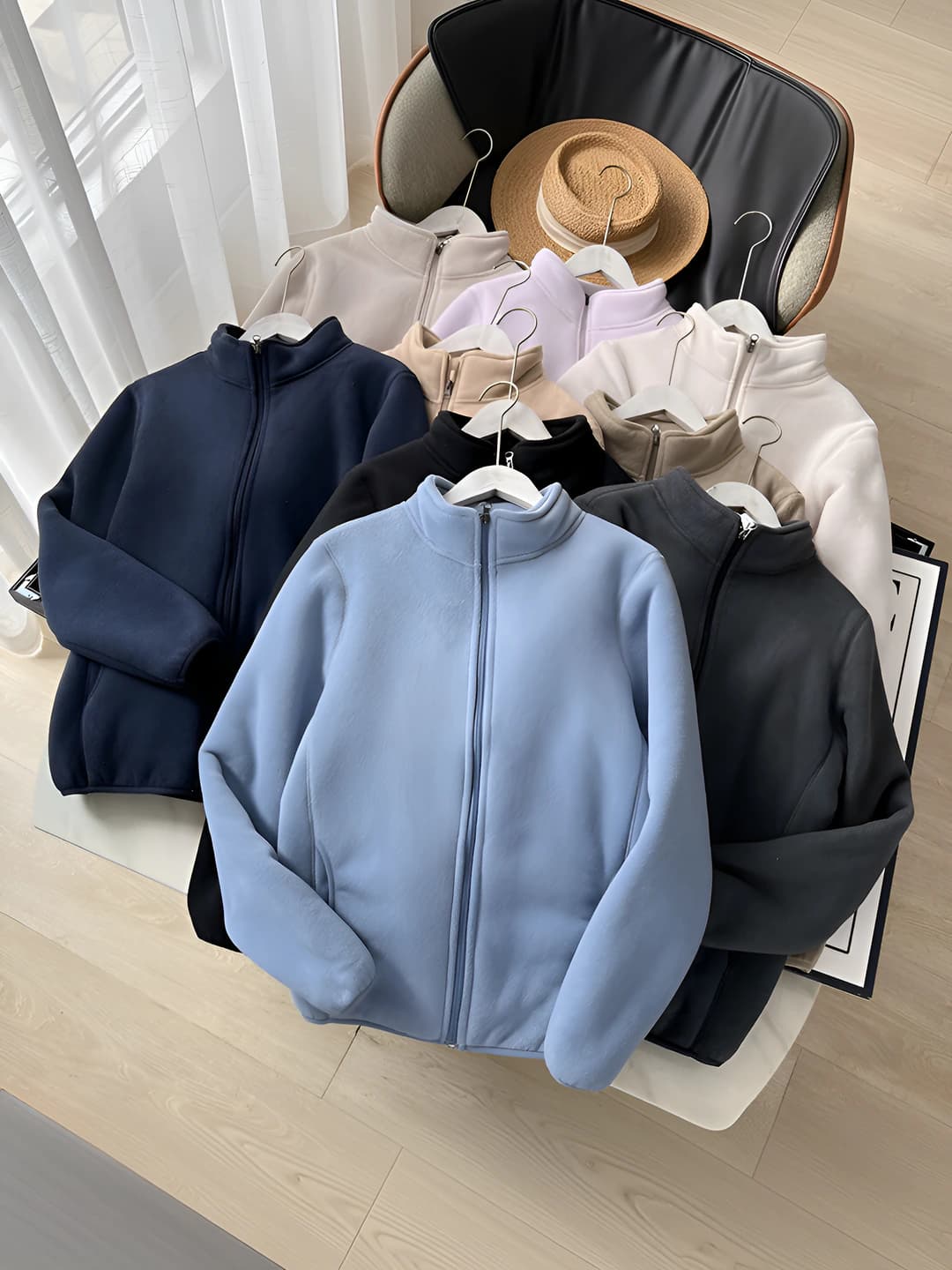 Women's thick stand collar zip solid colour casual polyester jacket