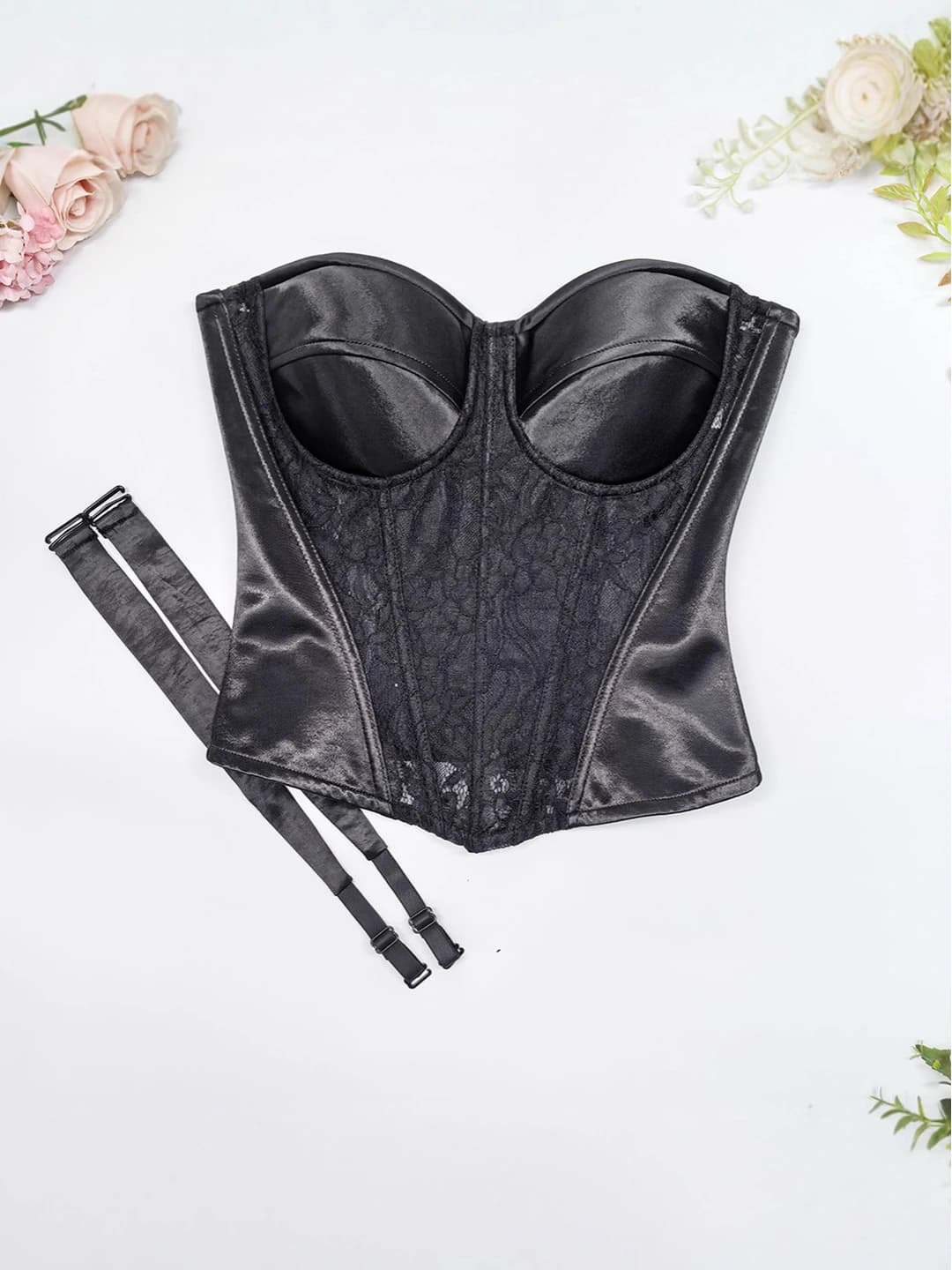 Women's corrective top and bustier: lace and acetate satin, side breast shaping, built-in cups, removable straps, floral pattern, stretch, all-season