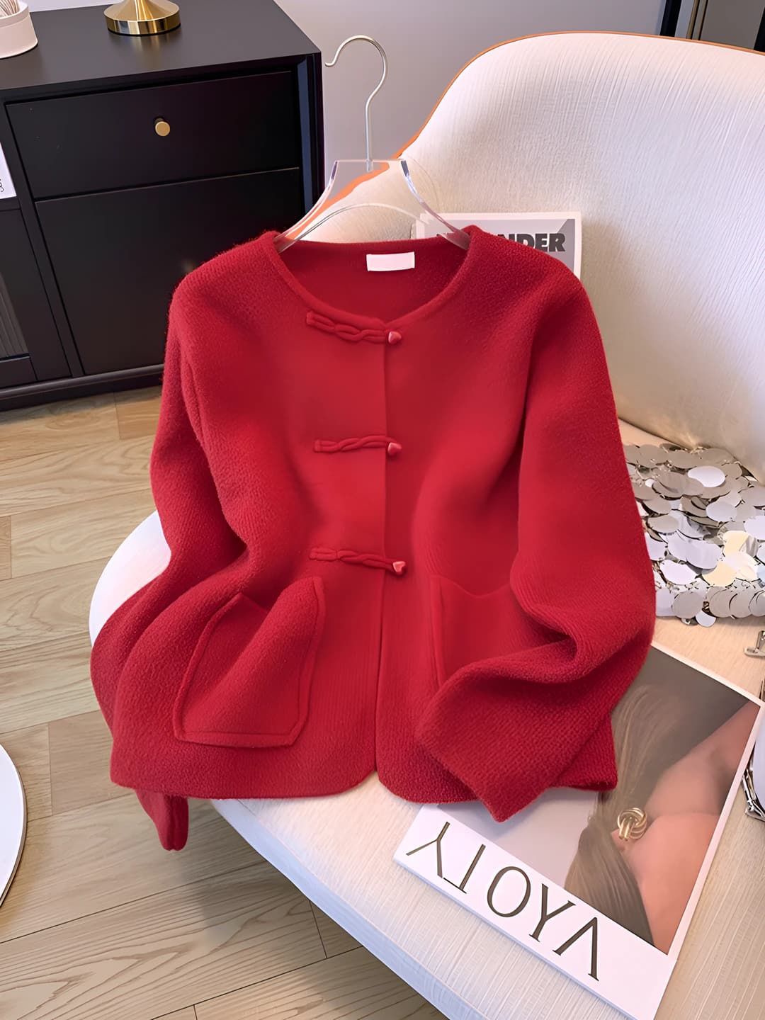 Women's 2026 autumn-winter thickened cashmere and nylon cardigan, crew neck, long sleeve, solid colour, princess sleeve, POLO collar, single button closure, regular fit, 50-65 cm length