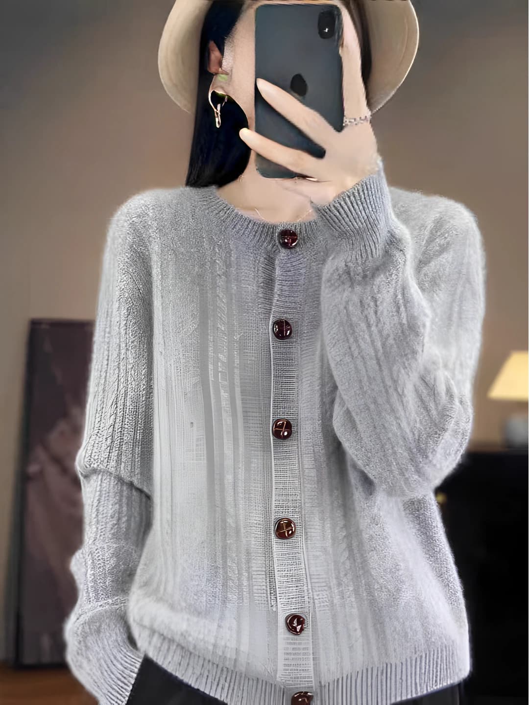 Women's 2026 spring-autumn crew neck cashmere knit cardigan, loose fit, long sleeve, geometric pattern, casual and business style sweater