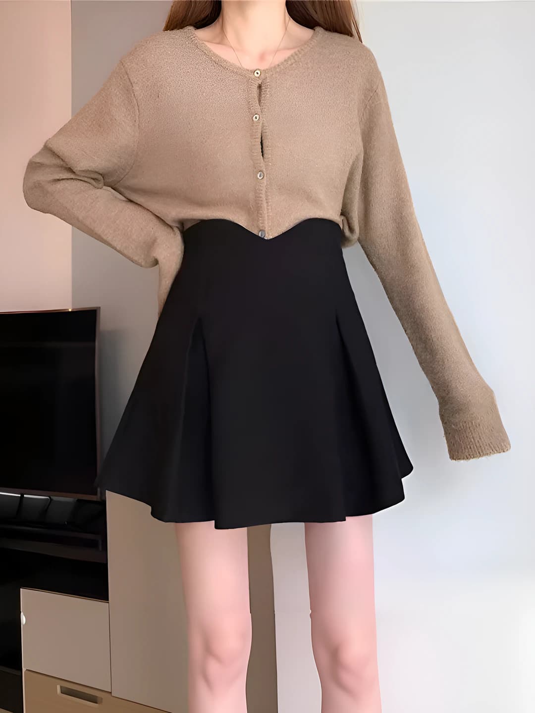 Women's A-line mini skirt, high waist, solid colour, autumn, slimming, stretch, wave design element
