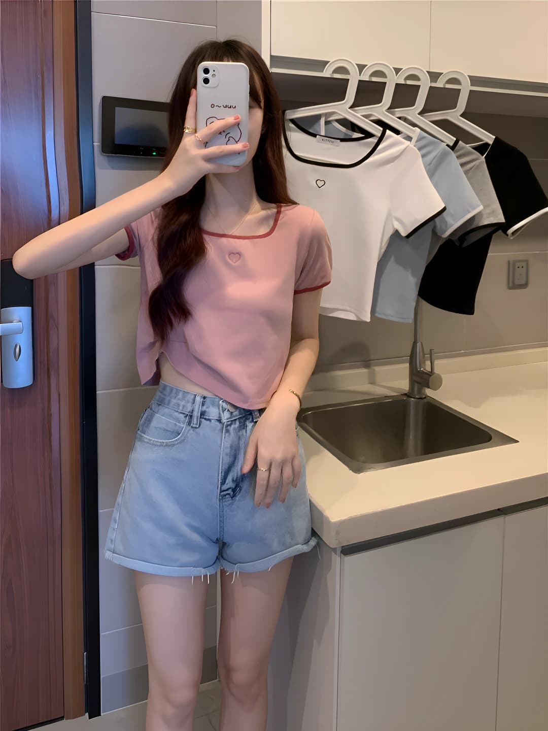 Women's summer short sleeve crop top, slim fit, crew neck, printed, embroidered, cropped
