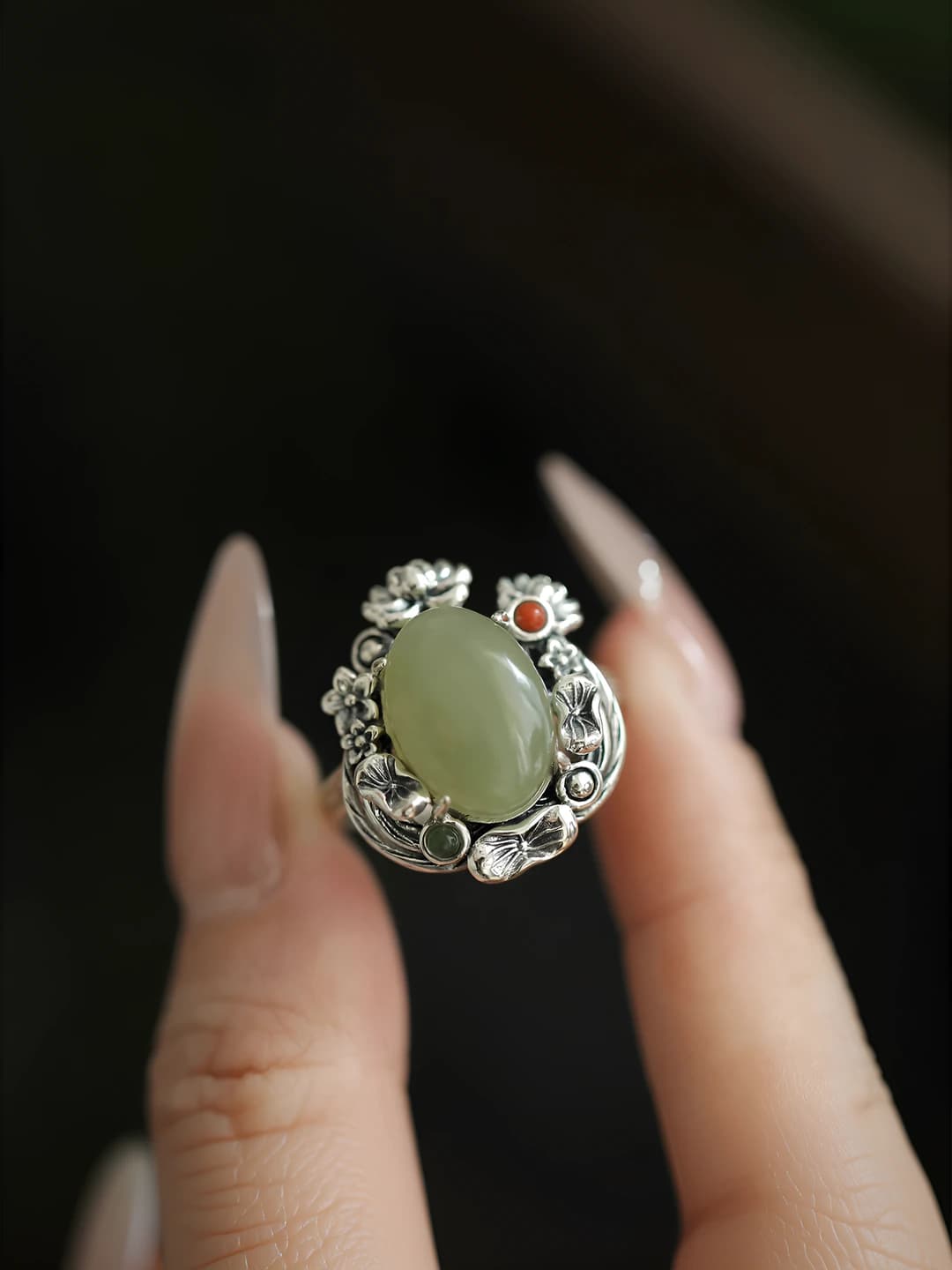 Women's mint green lotus leaf open ring with diamond, retro style