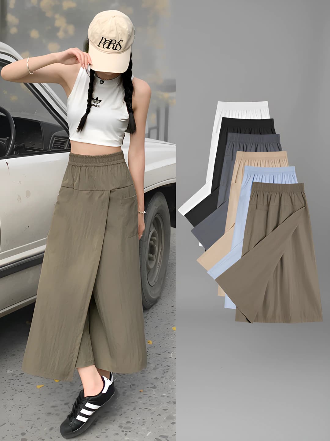 Women's 2026 thin ice-silk skort, high waist, wide-leg, A-line, slit, preppy style