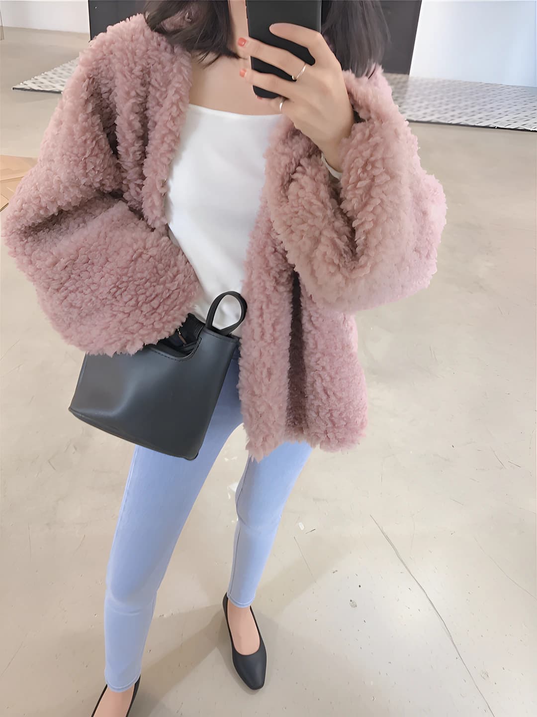 Women's autumn-winter solid colour cropped cardigan, stand collar, long sleeve, loose fit, 100% polyester