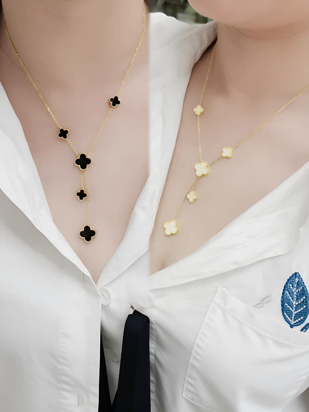 Women's Korean style simple double-sided four-leaf clover tassel titanium steel necklace, 18k titanium steel, non-fading jewelry