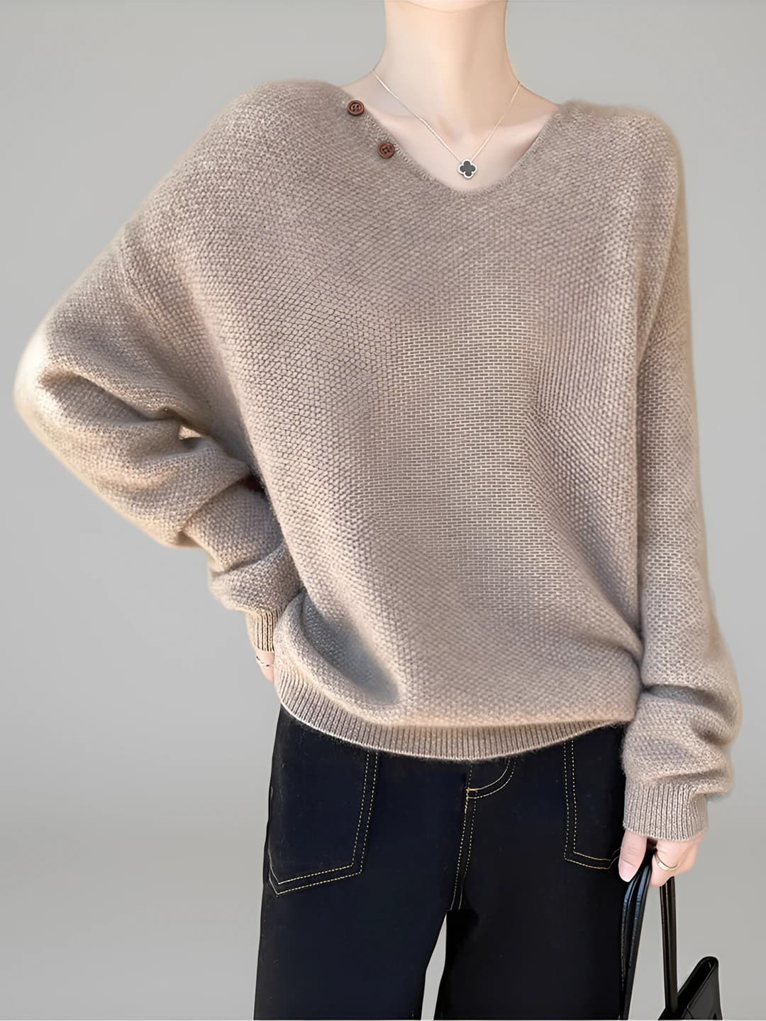 Women's V-neck solid colour long sleeve loose fit sweater, autumn-winter 2026