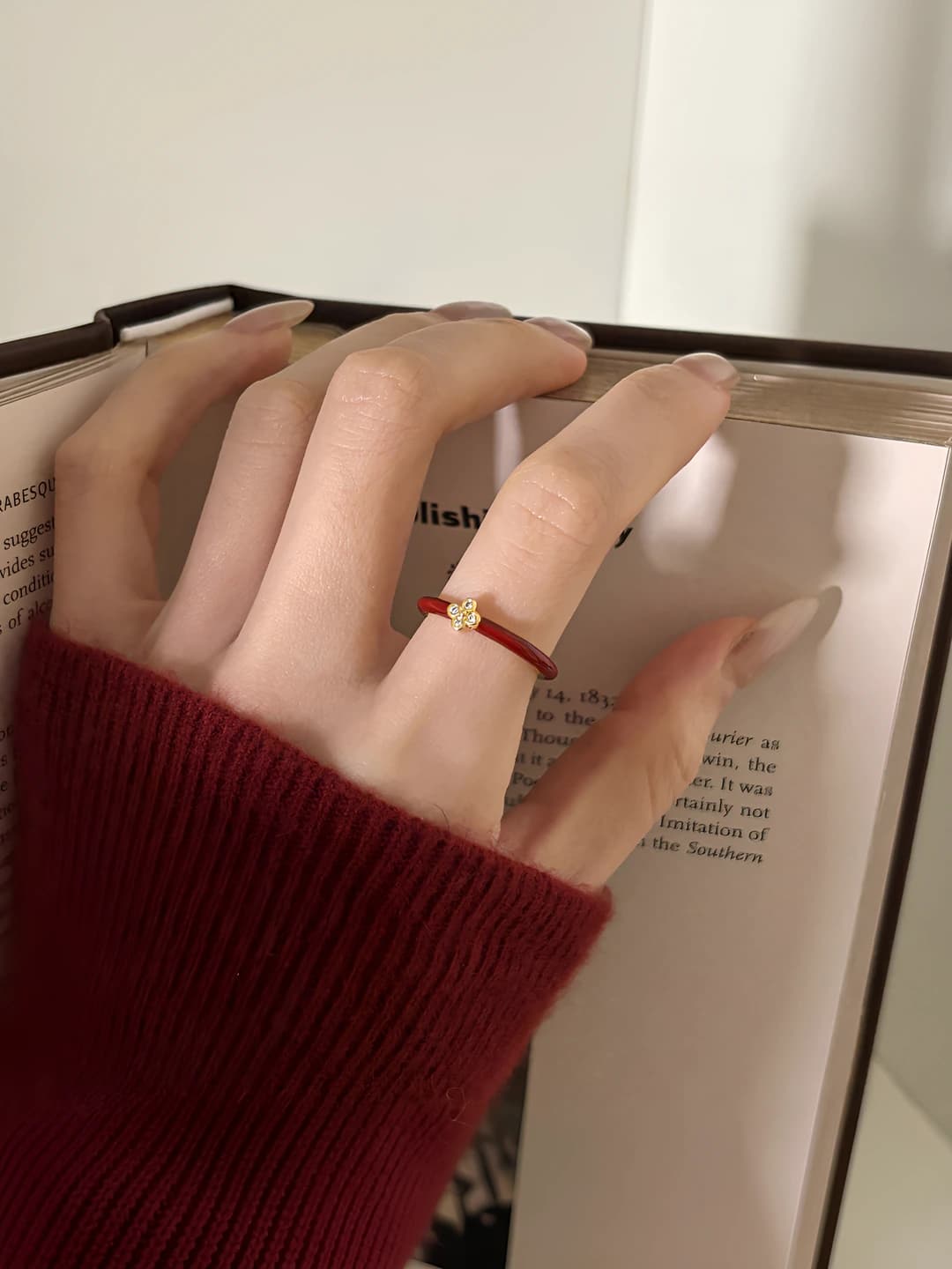 Women's open ring, red, glazed, minimalist four-leaf clover design