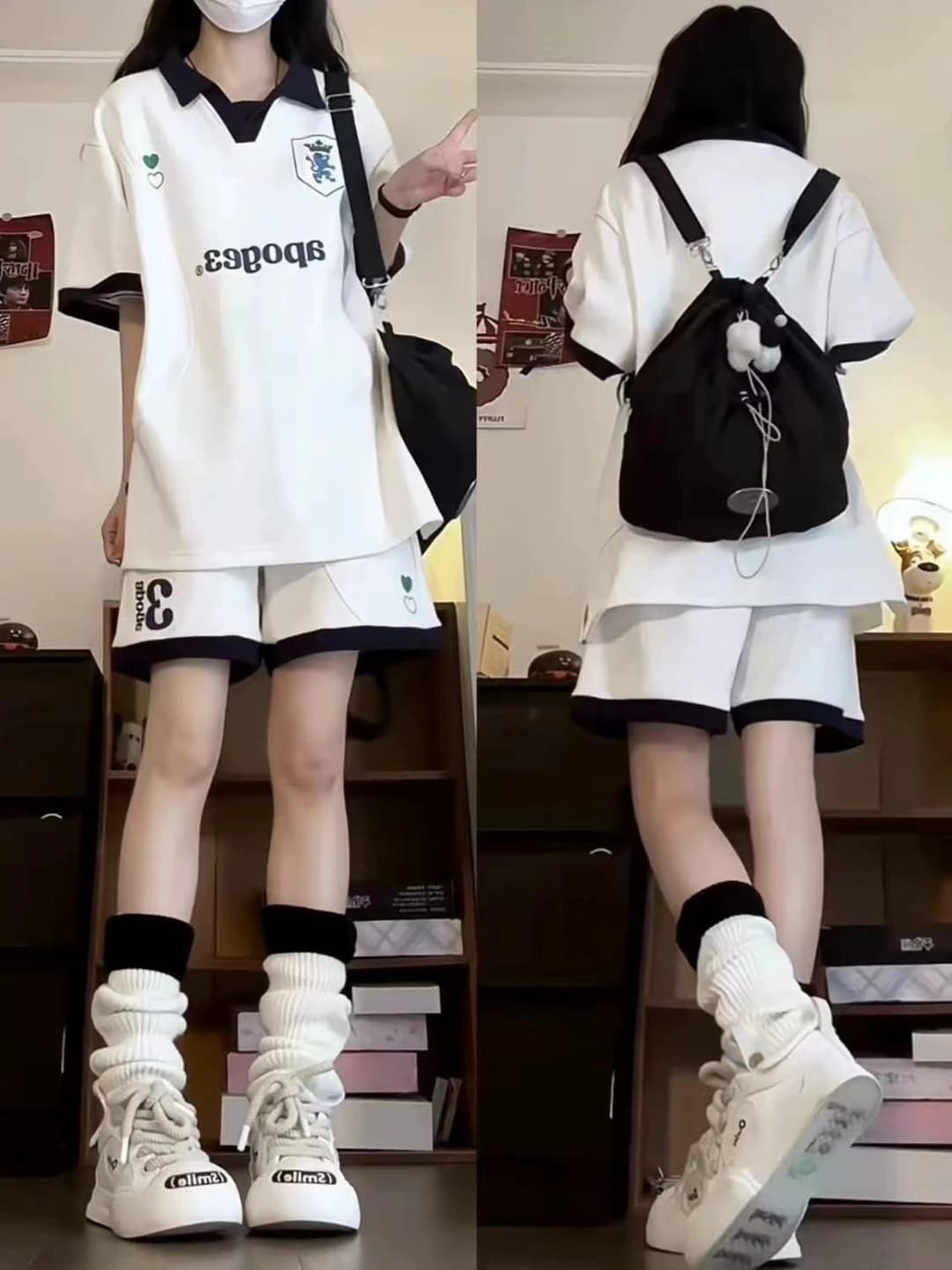 Women's summer preppy style loose fit polo shirt and knee-length shorts set
