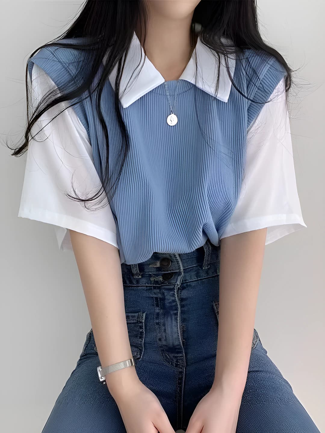 Women's 2026 summer polo t-shirt with lapel collar, preppy style, color block, short sleeve, loose fit