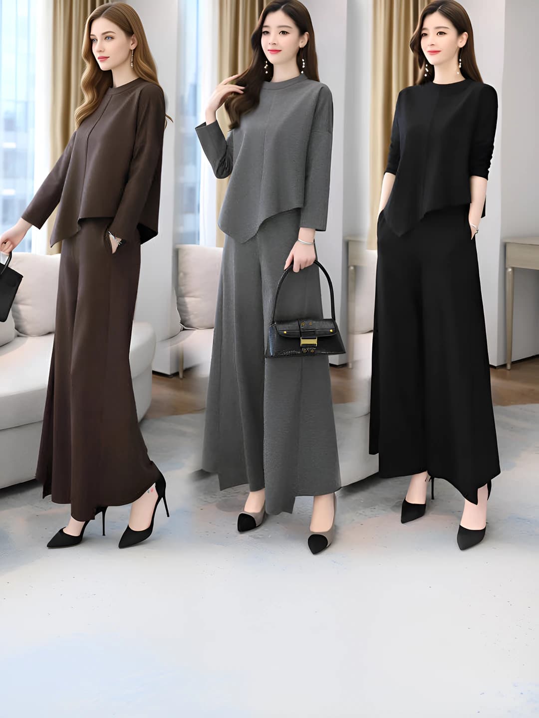 Women's spring-autumn casual set: printed outerwear and wide-leg trousers, slimming