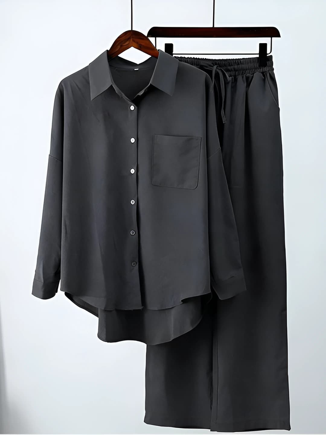 Women's casual shirt and wide-leg trousers set: long sleeve, solid colour, loose fit, all-season, polyester and acrylic fabric