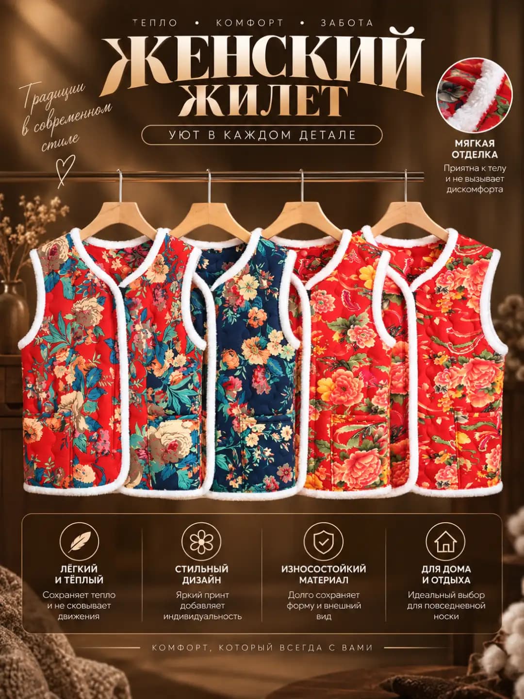 Women's floral quilted vest, autumn-winter, thickened, V-neck, loose