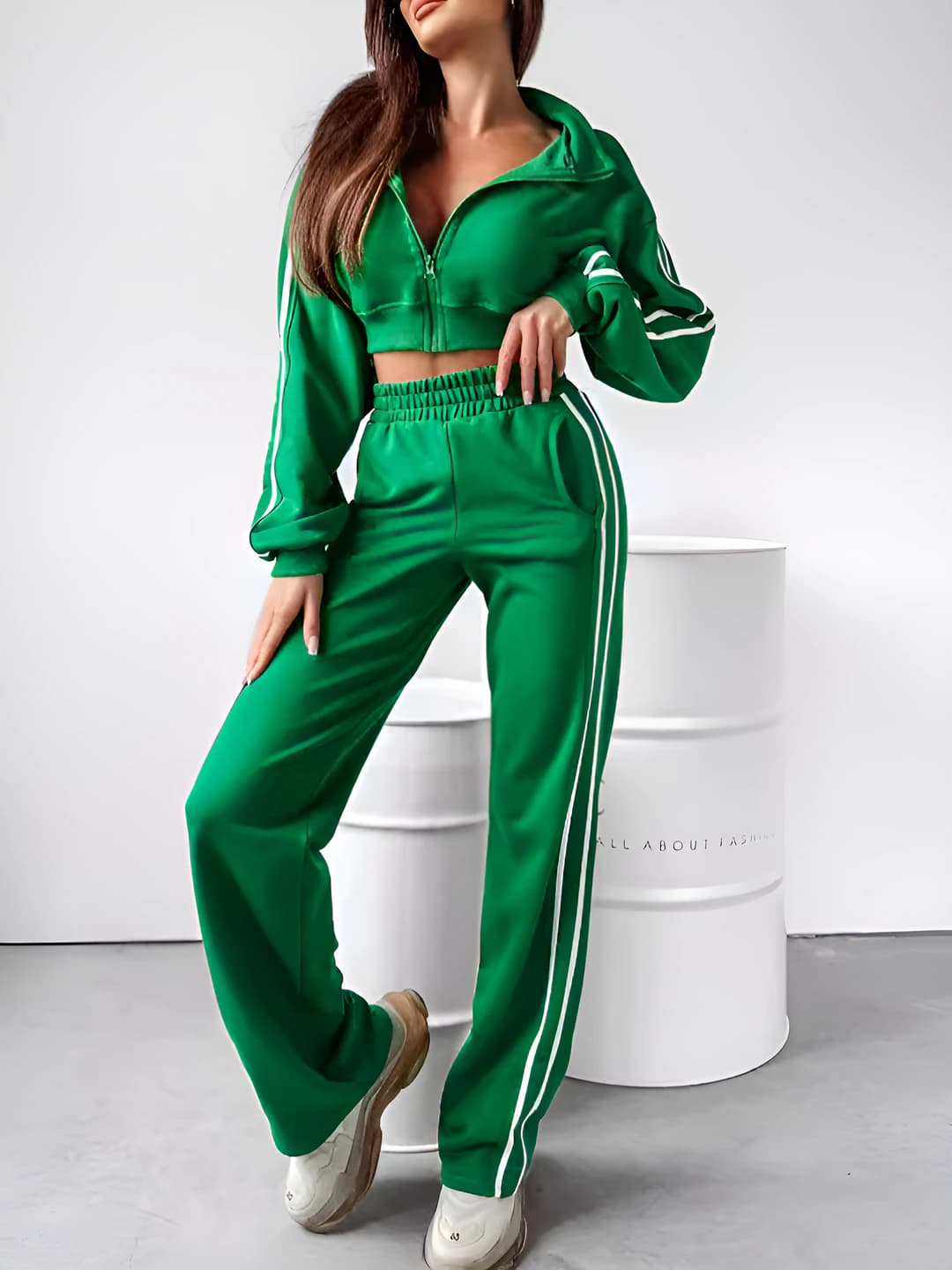 Women's casual two-piece set: zip long sleeve lapel collar cardigan and trousers