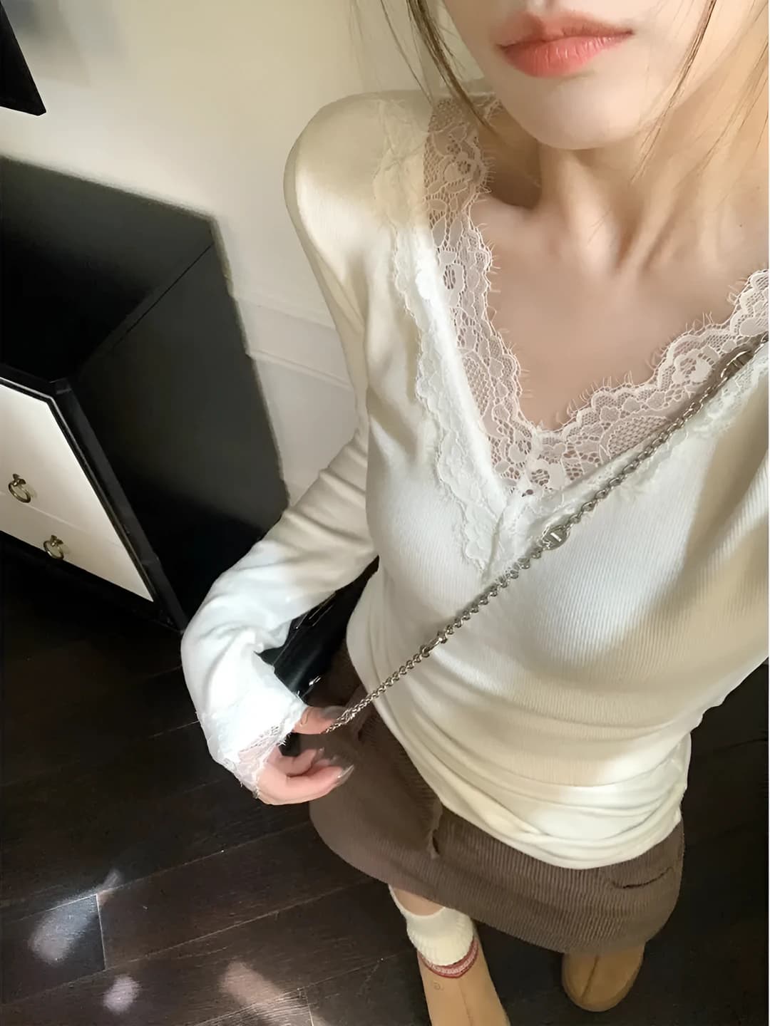 Women's stretch lace-trim V-neck long-sleeve base top, autumn-winter 2026