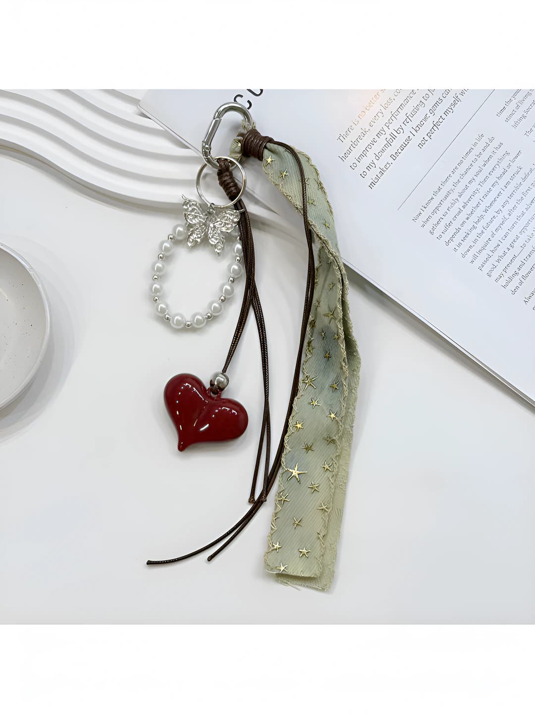 Denim blue bow heart pearl charm