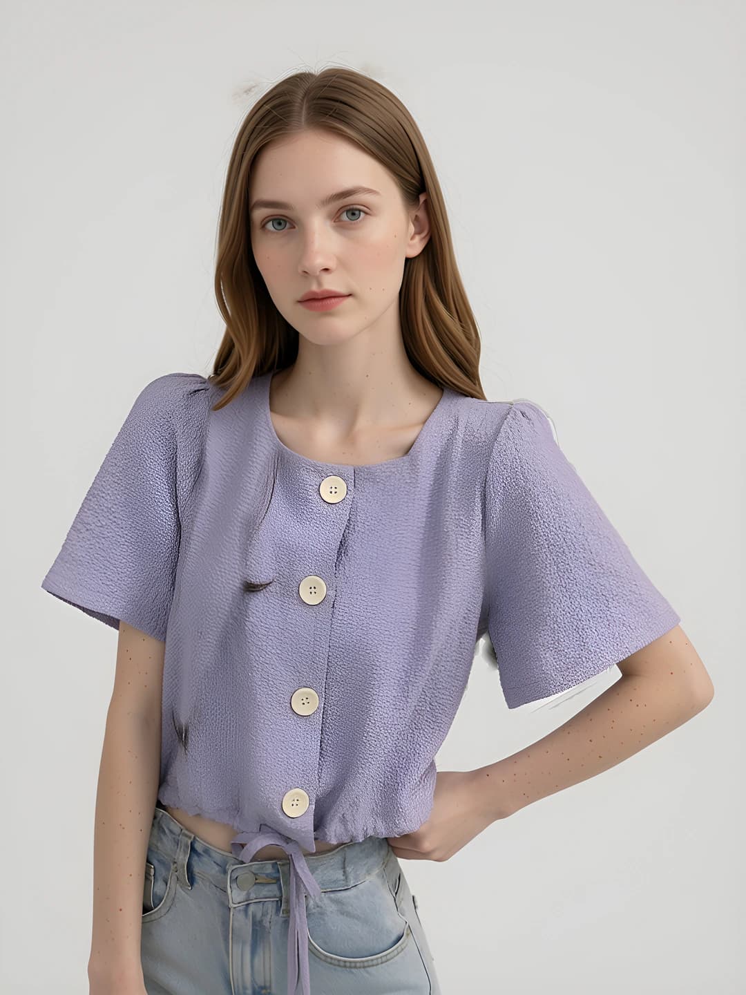 Ayollar uchun koreys uslubida yozgi yupqa bir rangli kalta yengli bo'sh (oversize) kesimli baland belli karp-top