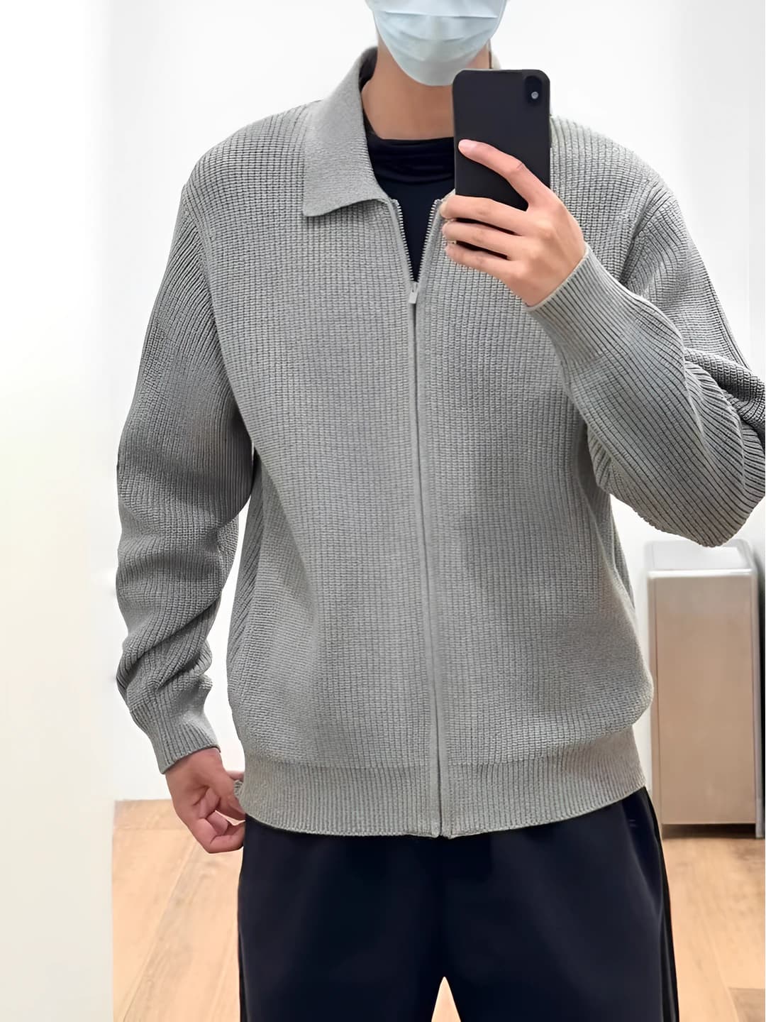 Women's zip-up knit cardigan, POLO collar, long sleeve, loose fit, solid colour, casual style