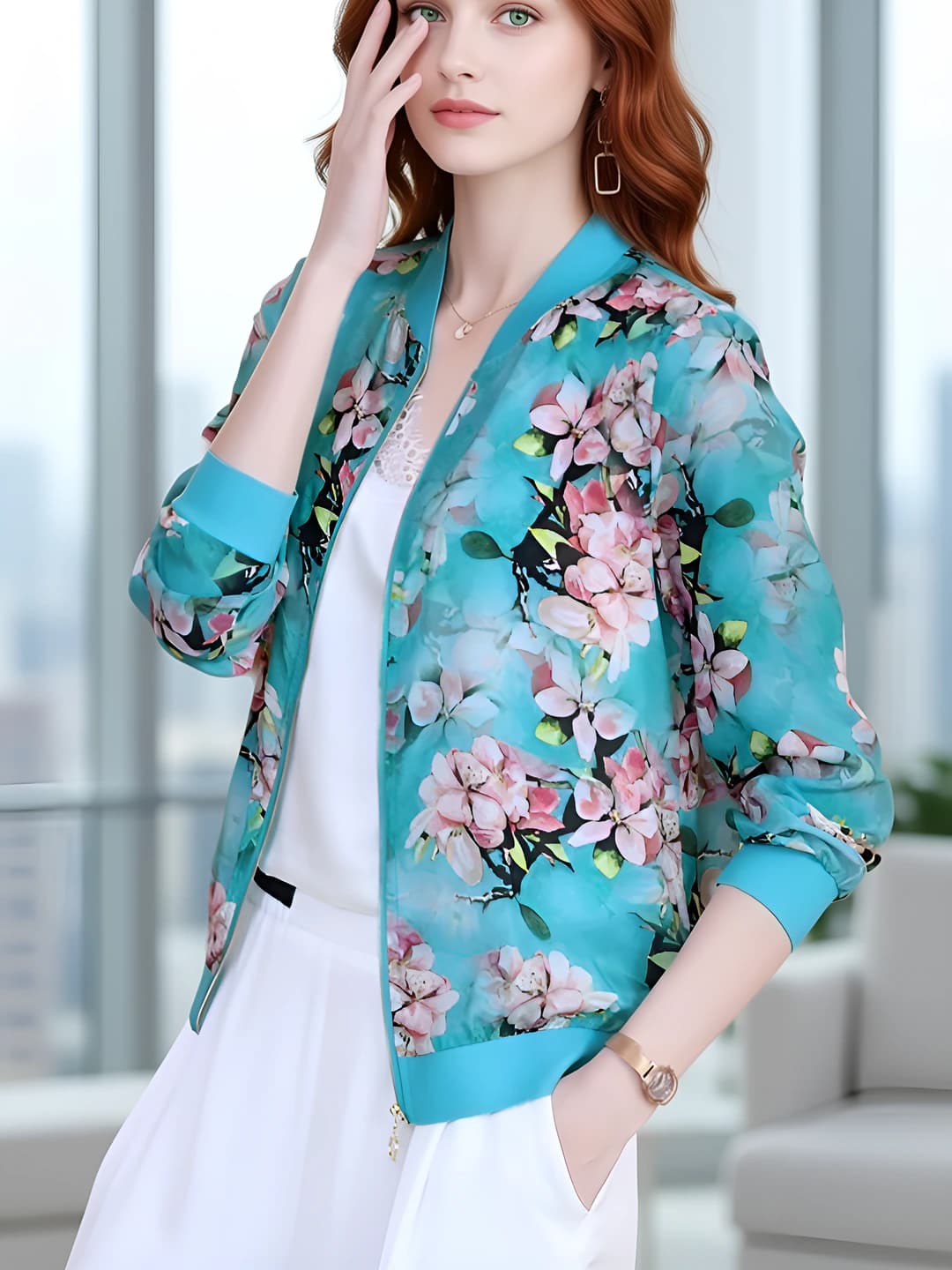 Women's floral chiffon short jacket with zip, 2026, long sleeve, V-neck, sun-protective