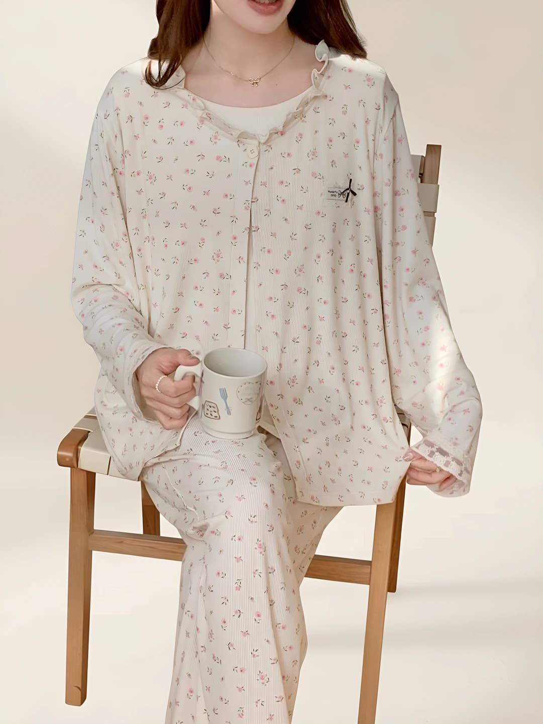 Women's antibacterial modal maternity pajama set (long sleeve top and trousers), crew neck, for spring-summer-autumn