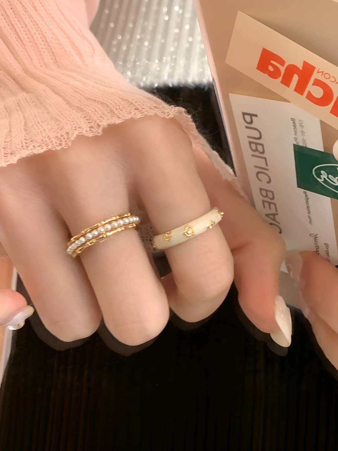 Women's Korean style geometric pearl ring with silver plating