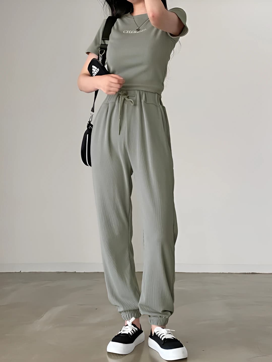 Women's Korean style summer casual two-piece set: short sleeve top and trousers, polyester, plus size