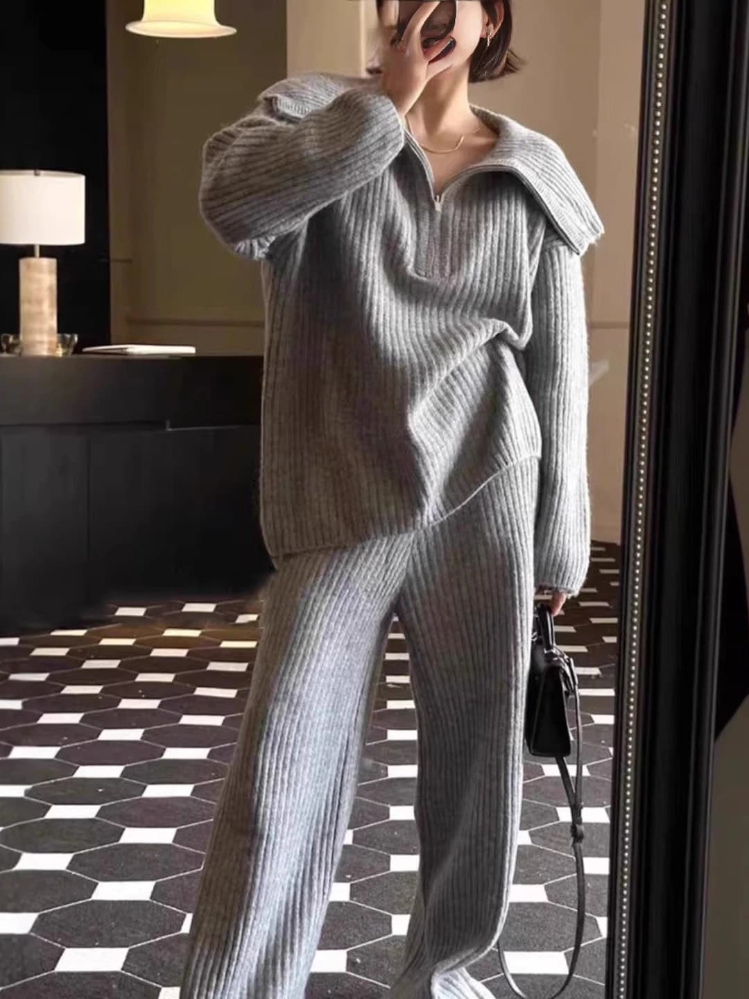 Women's knitted suit: autumn-winter set with zip sweater, lapel collar, and wide-leg trousers, casual, loose fit