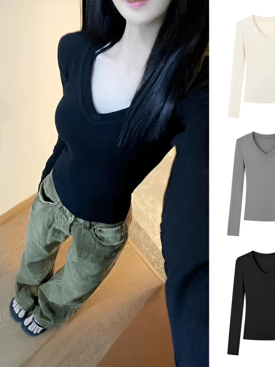 Women's 2026 autumn-winter long-sleeve base top, slim fit, V-neck, long sleeve, slimming, solid colour, milk silk fabric