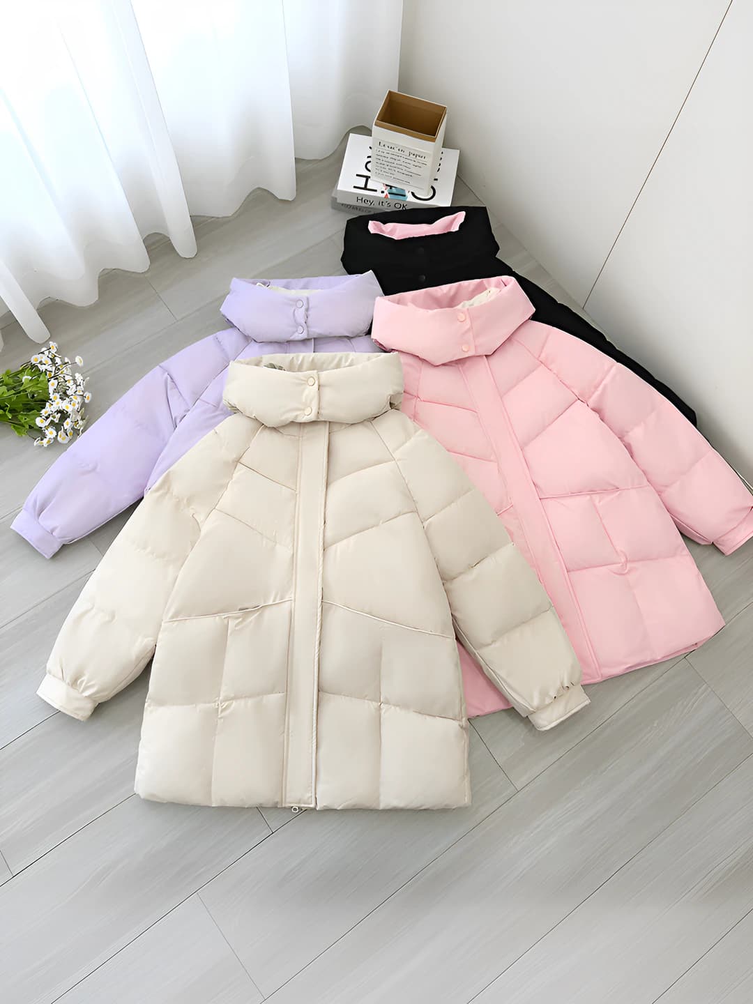 Women's padded down winter jacket 2026 autumn-winter, down-alternative fill, thickened, warm, mid-length, loose fit, zip, solid colour, casual