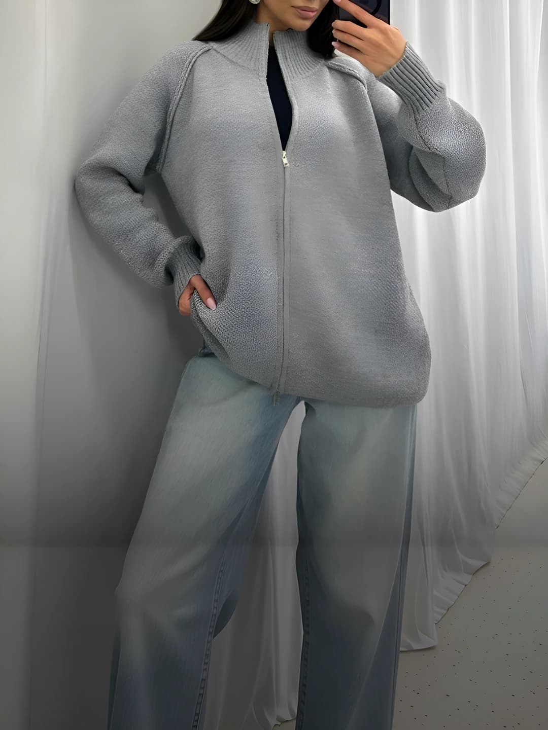 Women's 2026 autumn-winter thickened knit cardigan with zip, solid colour, lapel collar, long sleeve, straight cut