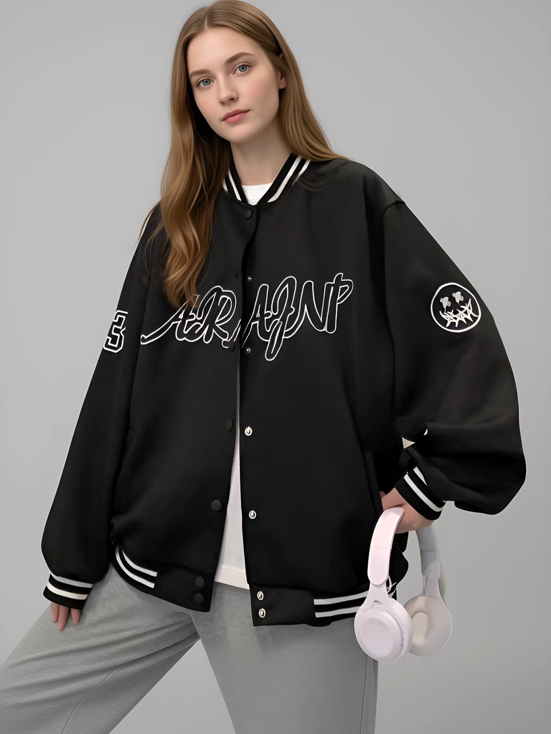 Women's loose fit jacket for spring-summer and autumn, Korean style, polo collar, chenille fabric, long sleeve