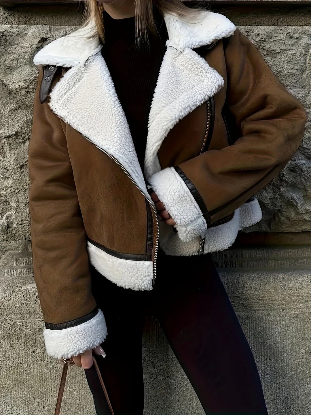 Women's warm, slimming, loose fit, solid colour, lapel collar, zip, long sleeve, cropped, autumn-winter faux shearling jacket
