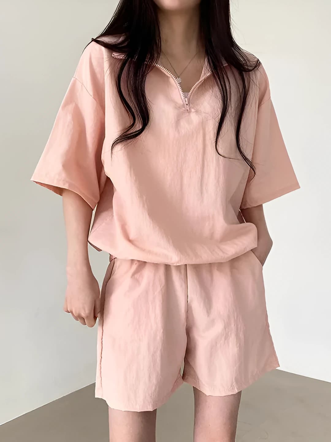 Women's 2026 Korean style zip short sleeve casual sports shorts set