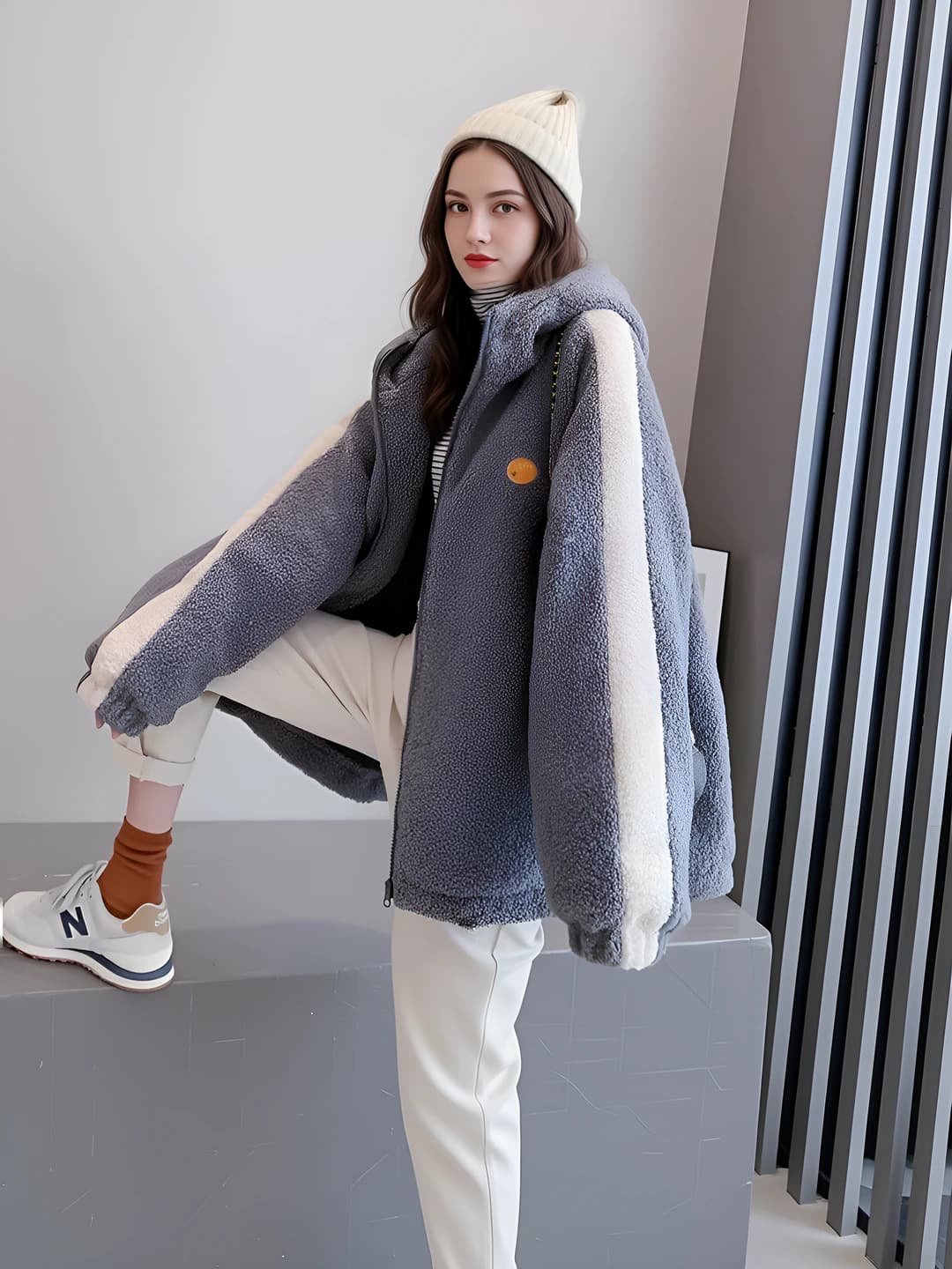 Ayollar uchun retro uslubdagi qalinlashtirilgan svitshot, koreys uslubida, fermuarli, uzun yengli, bo'sh (oversize) kesim, kuz-qish mavsumi uchun