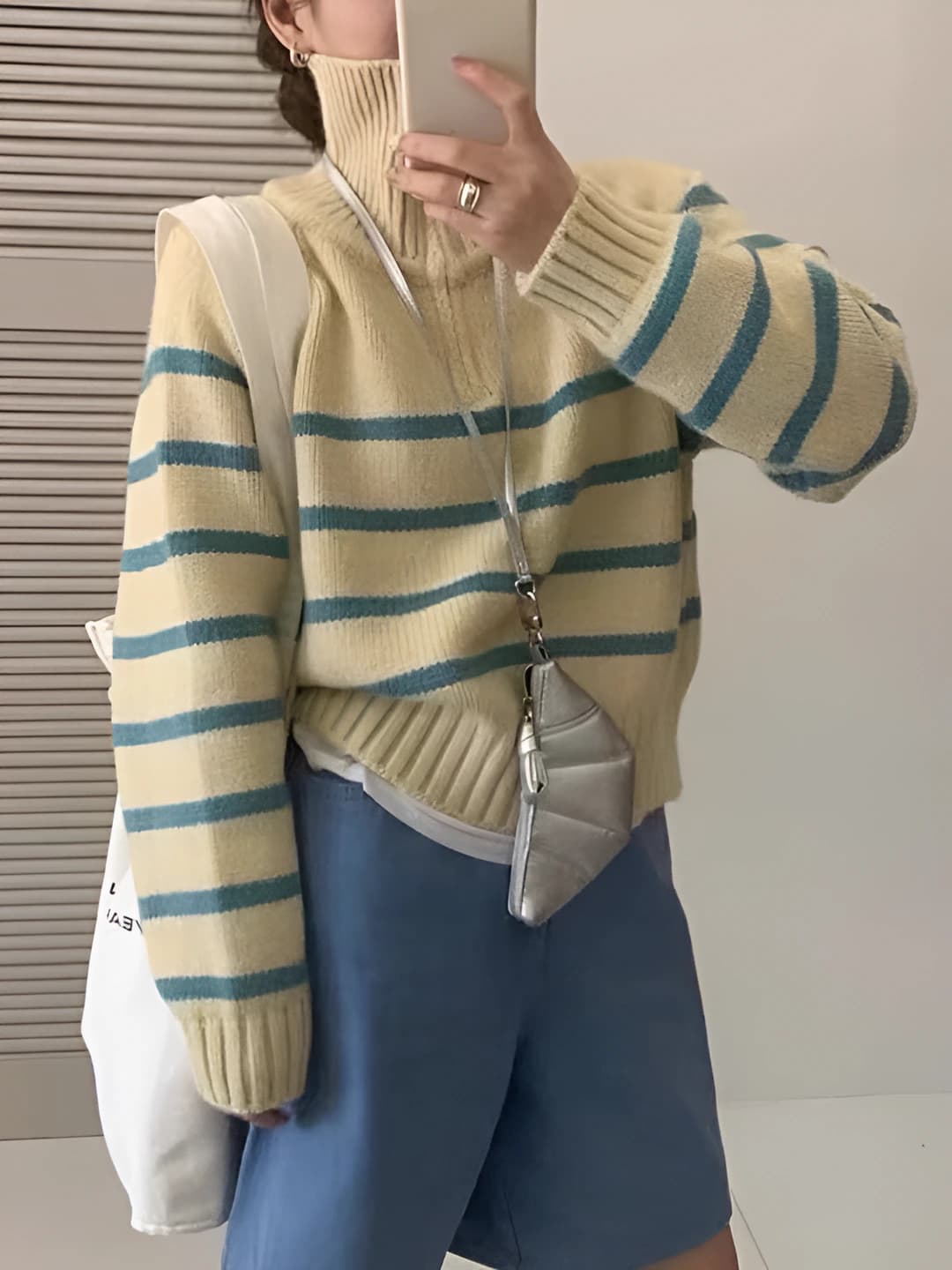 Women's striped high neck zip thick sweater, loose fit, long sleeve, autumn-winter
