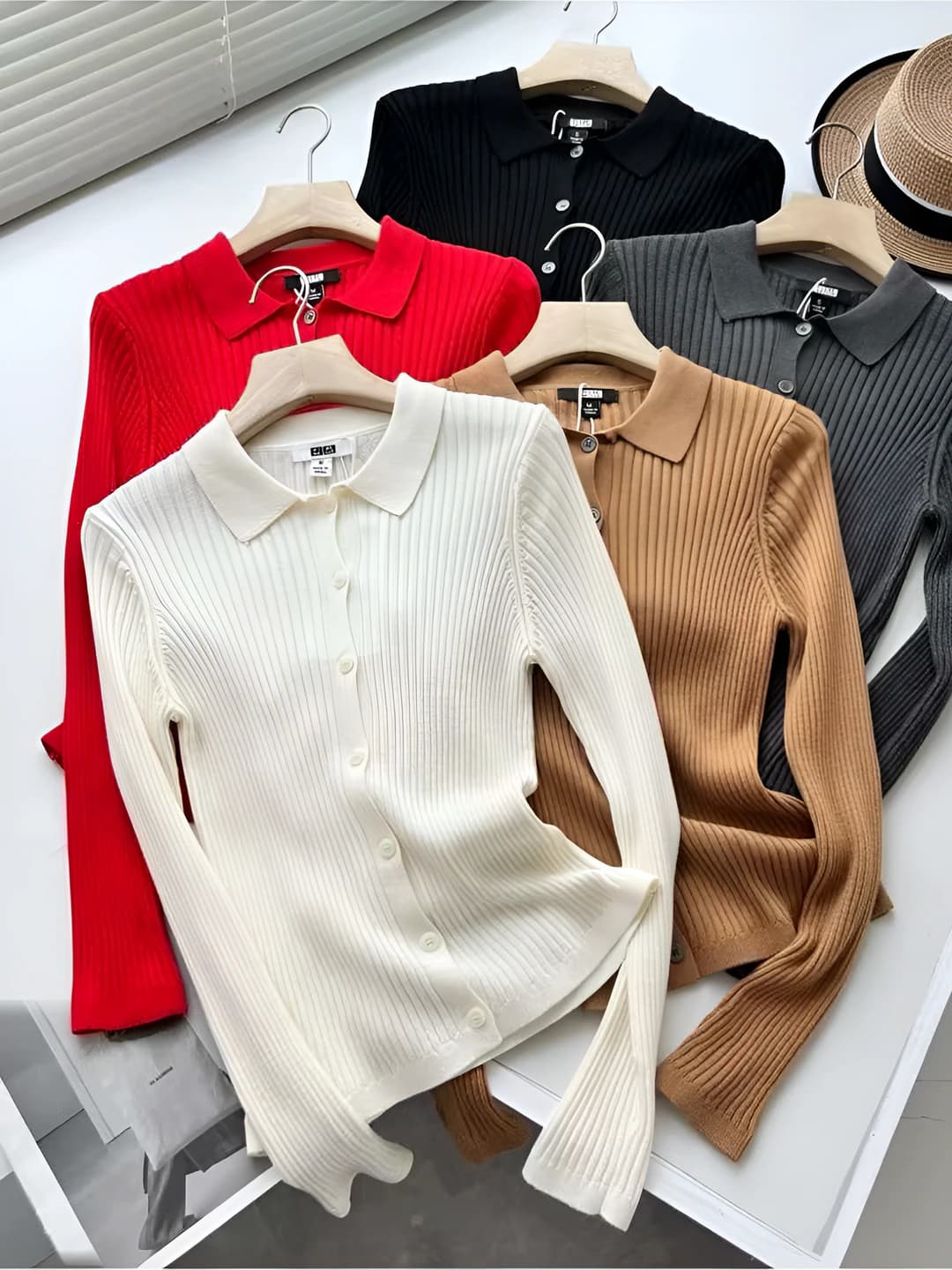 Women's wool knit cardigan, polo collar, long sleeve, slim fit, casual style