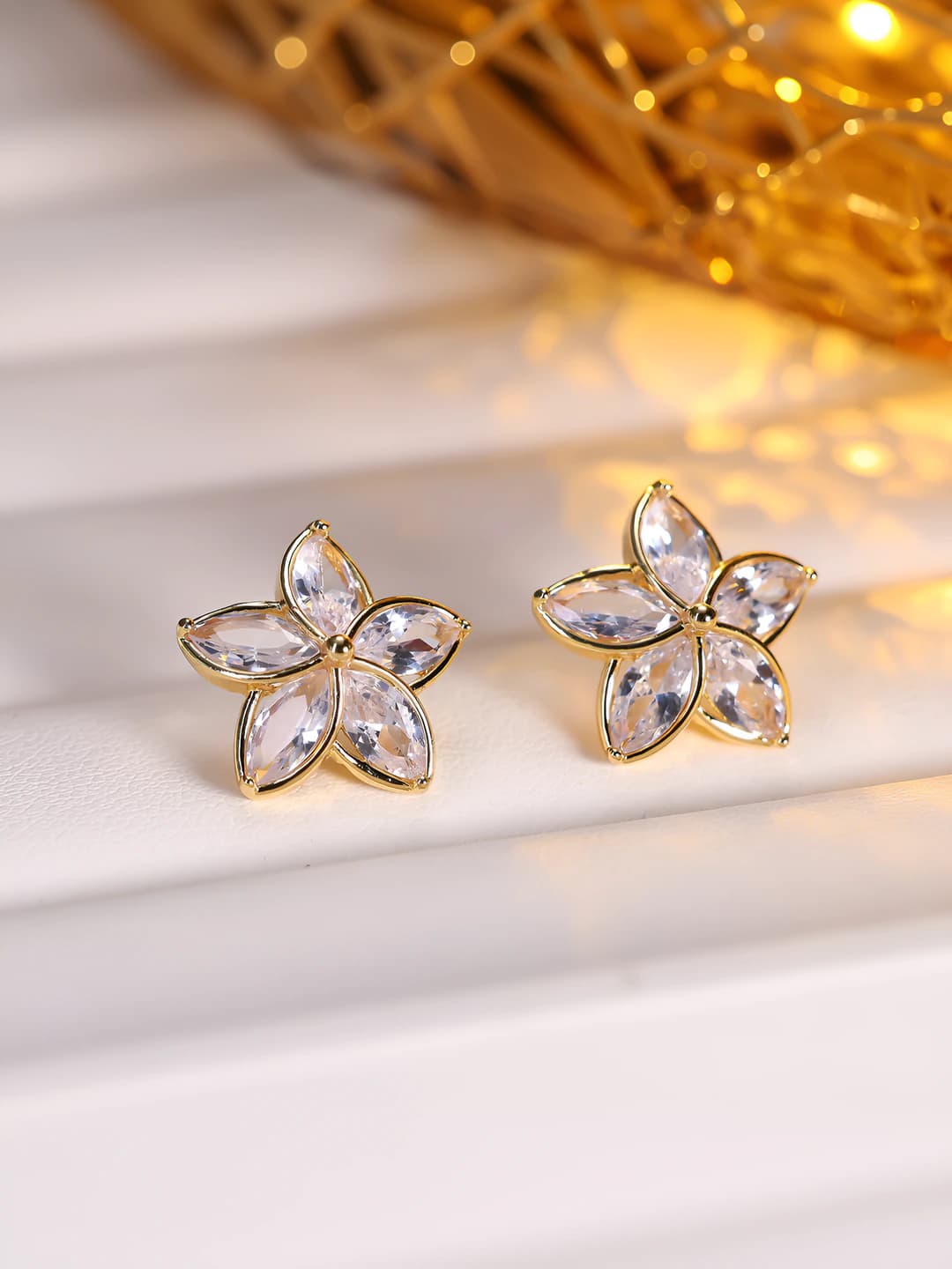 Women's bright zircon five-petal flower stud earrings
