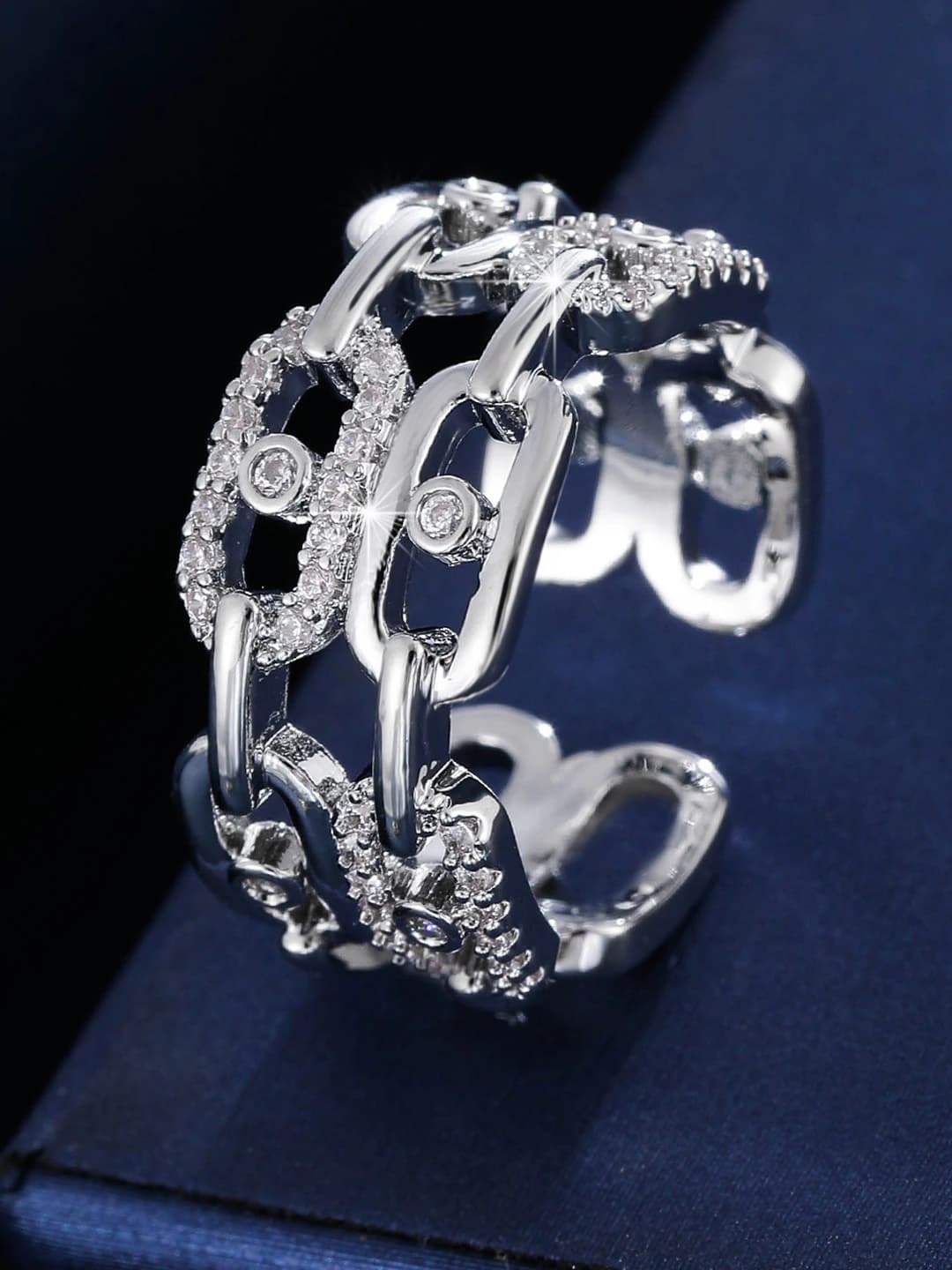 Women's two-row chain adjustable ring, brass with zircon, gold plated