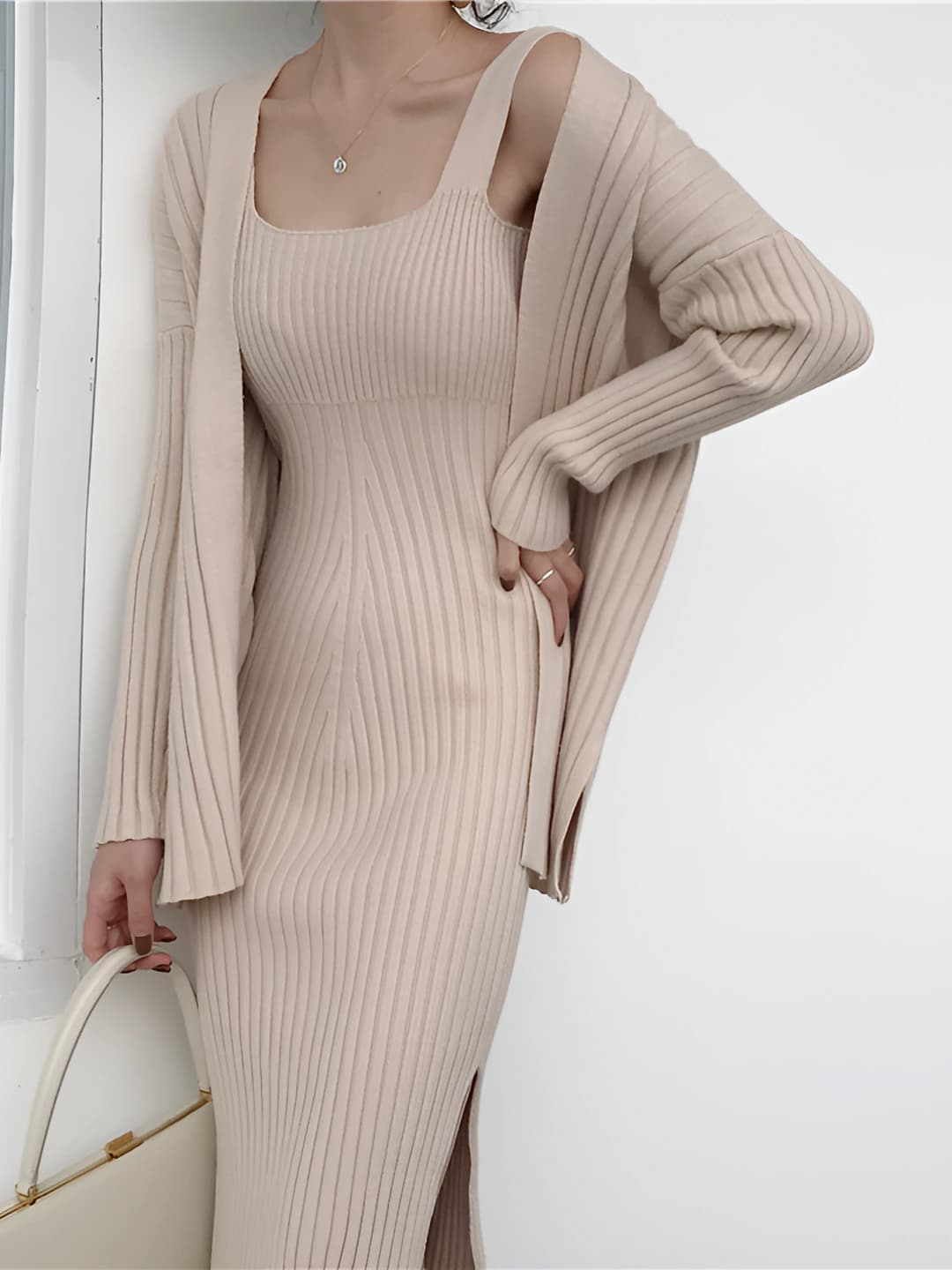 Women's knit cardigan and dress set, loose fit, slimming, long sleeve, casual style