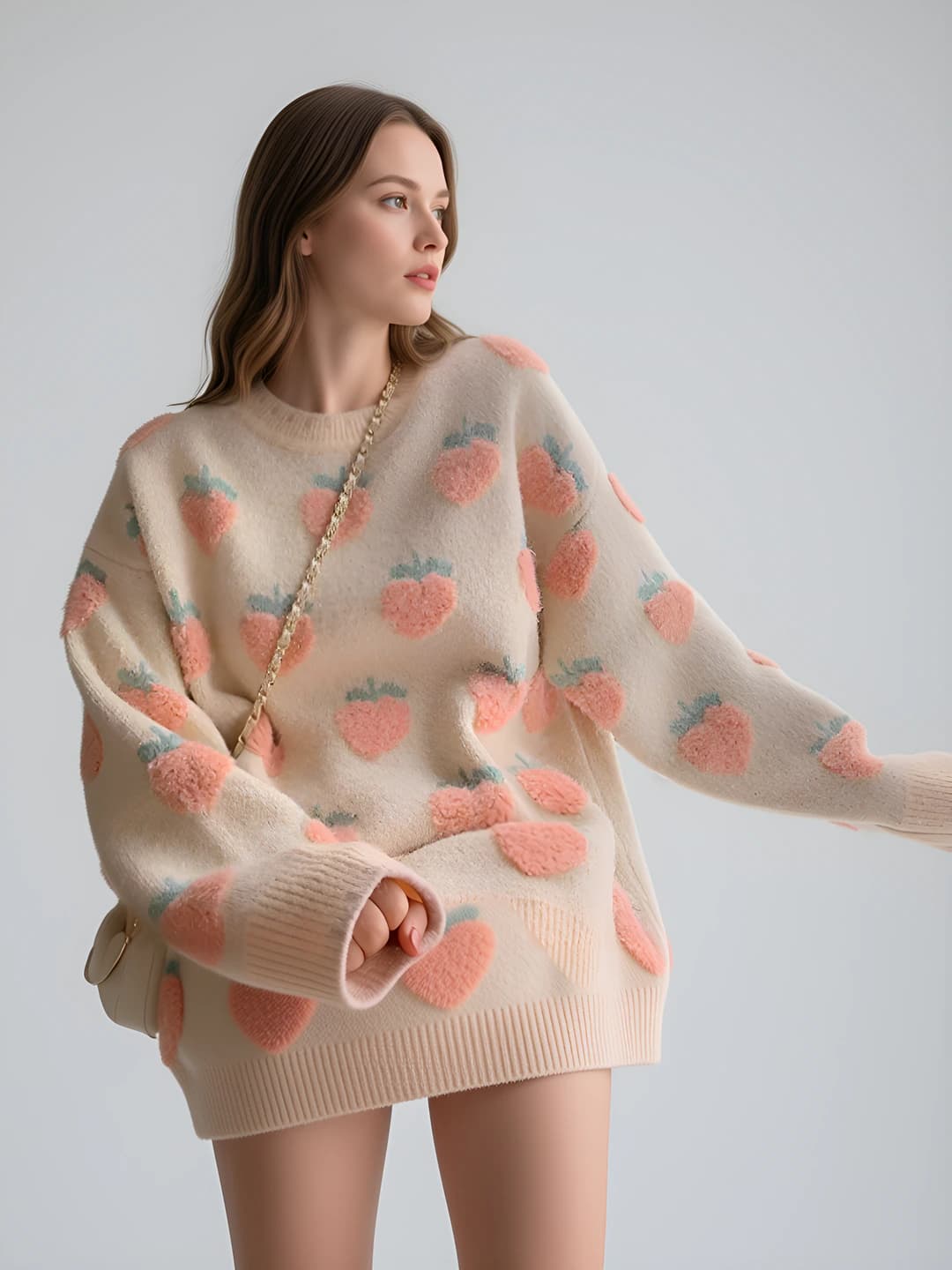 Women's autumn-winter knit sweater, Korean style, crew neck, long sleeve, loose fit, slimming, fruit pattern, thick