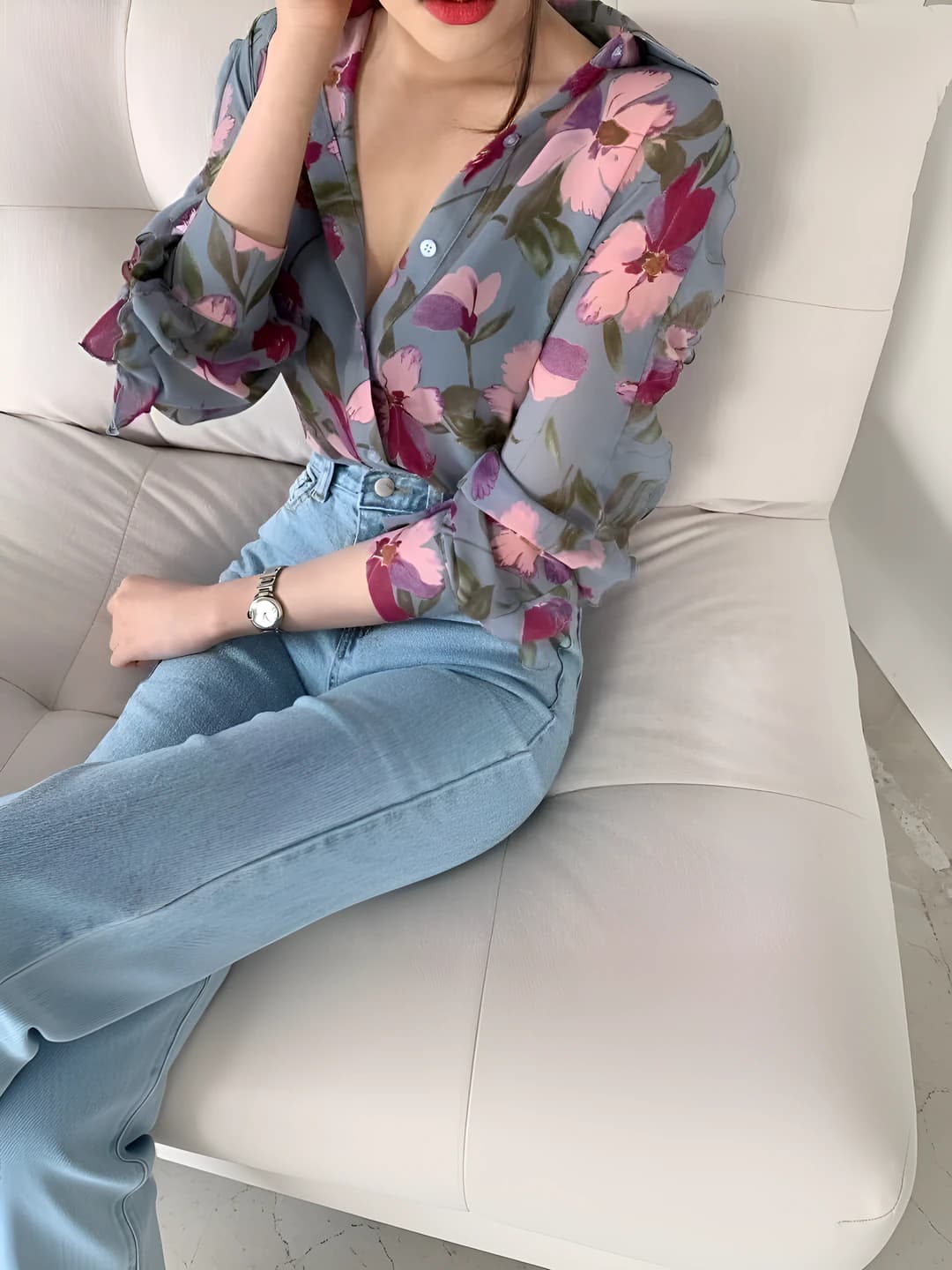 Ayollar uchun 2026 bahor-yoz yupqa shaffof mato naqshli uzun yengli ko'ylak-shirt