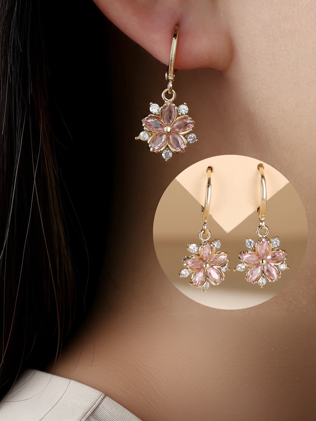 Women's flower-shaped earrings with zirconia, 18k gold plated, elegant style