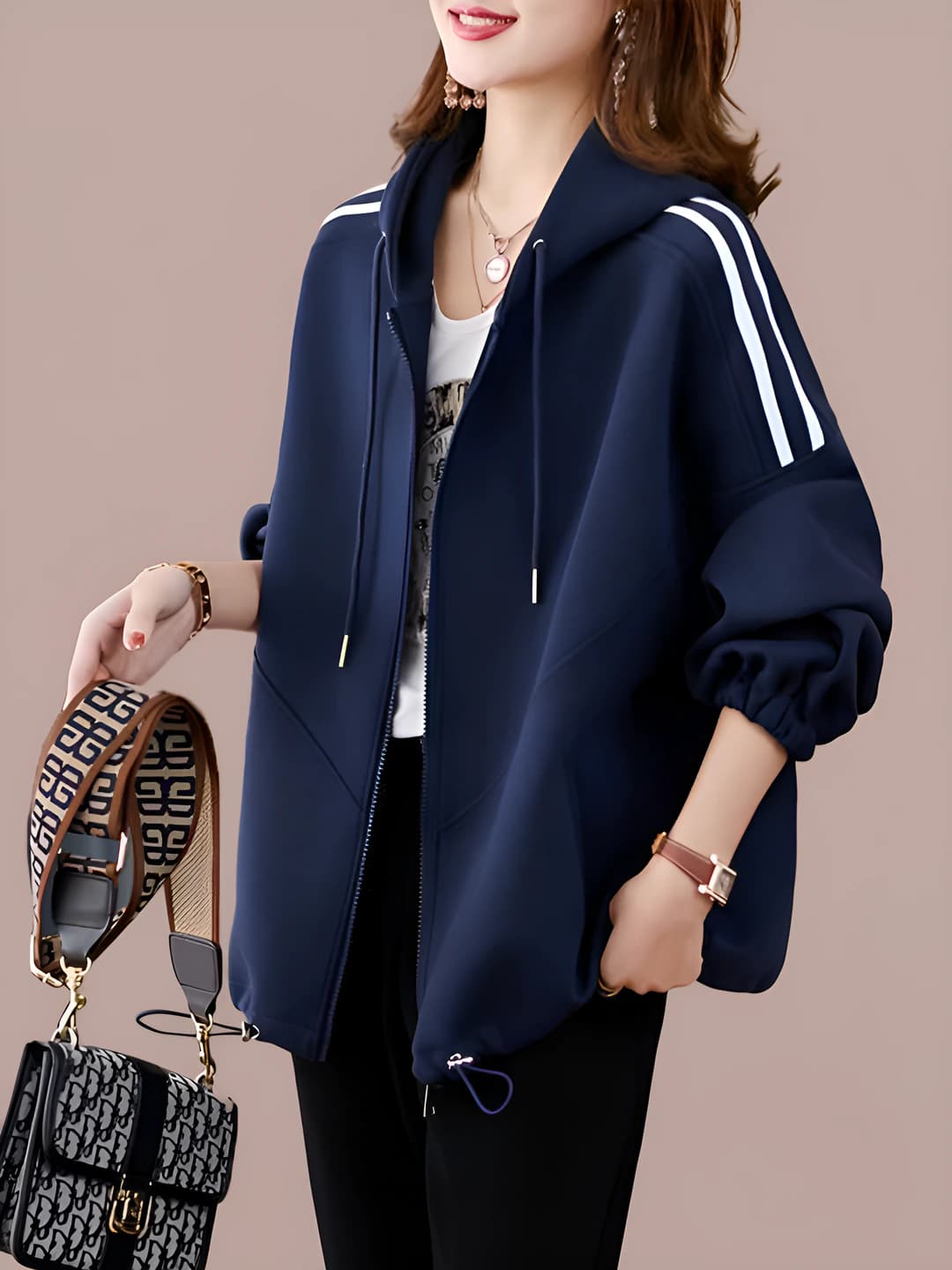 Women's Korean style loose fit striped cotton casual hooded track jacket for autumn, with zip, long sleeve