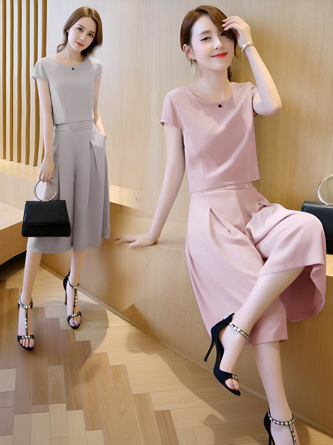 Women's Korean style casual sports set: short sleeve top and wide-leg capri trousers, loose fit, solid colour, printed, 2026
