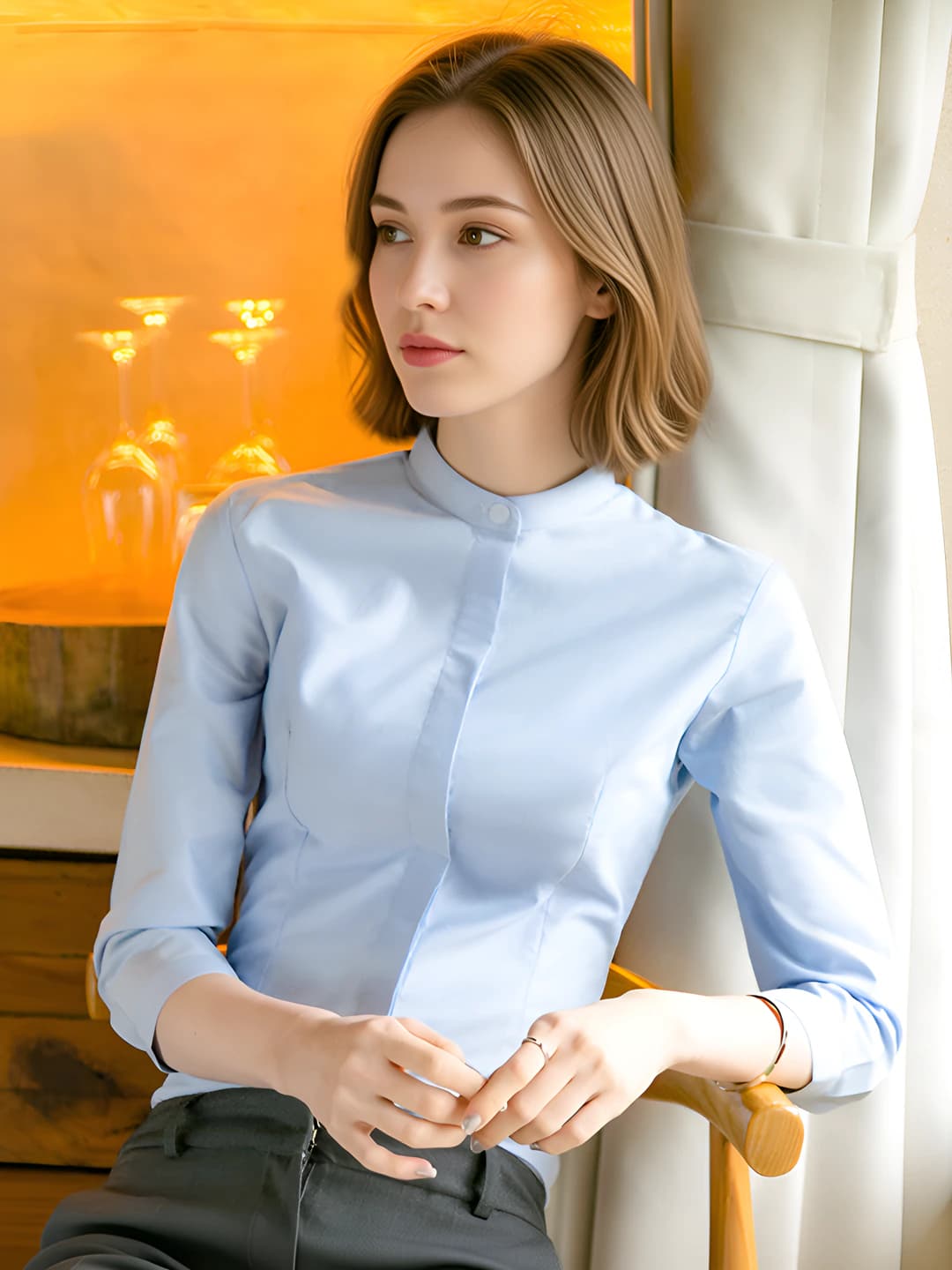 Синий, 3/4 рукав, стойка, скрытые пуговицы