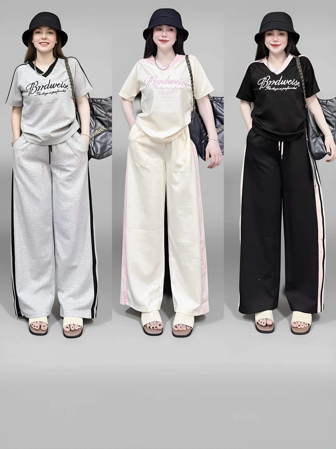 Ayollar uchun kundalik kiyim to'plami: V-yoqa, kashtali, chiziqli kalta yengli T-shirt va baland bel, keng shim (bo'sh oversize)