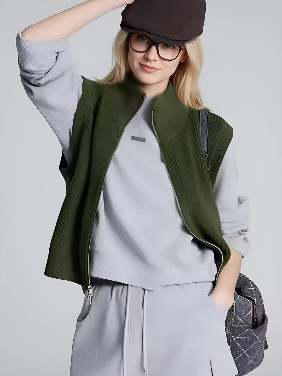 Women's slimming knitted vest with lapel collar and double zips, loose fit, autumn-winter